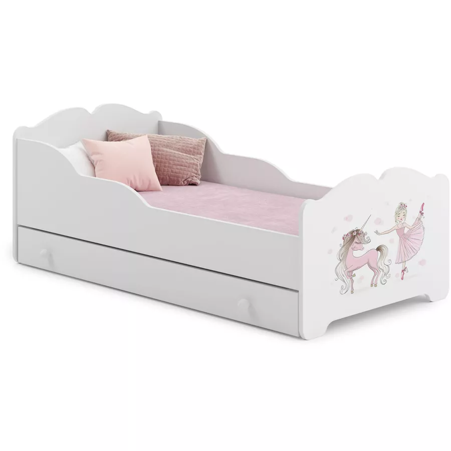 Kids Collective Mädchenbett 80x160 cm mit Matratze und Schublade, Rausfallschutz & Lattenrost weiß - Prinzessin Motiv