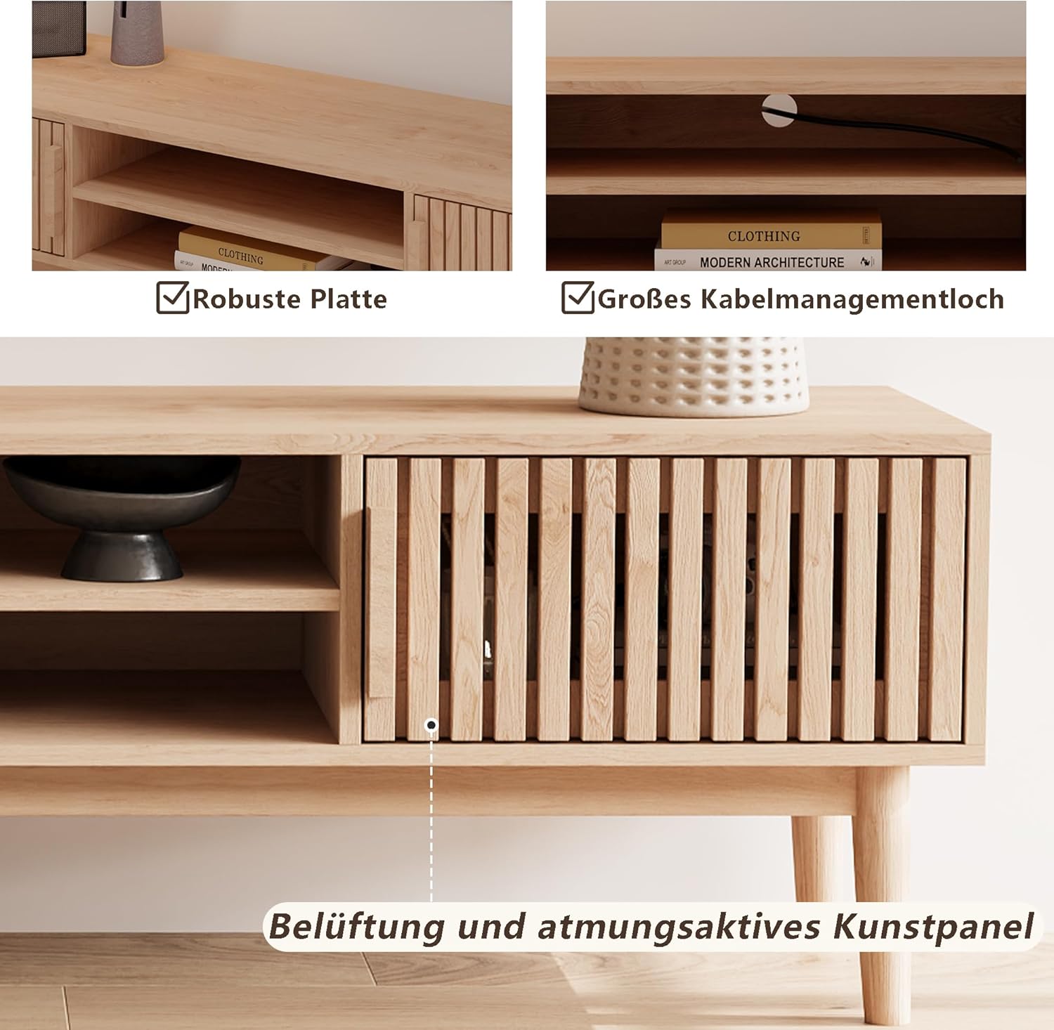 TV-Schrank 150 cm, TV Stand mit 2 Schränken und offenen Regalen, Holz TV Ständer Schrank, TV-Möbel für Wohnzimmer (TV-Ständer)