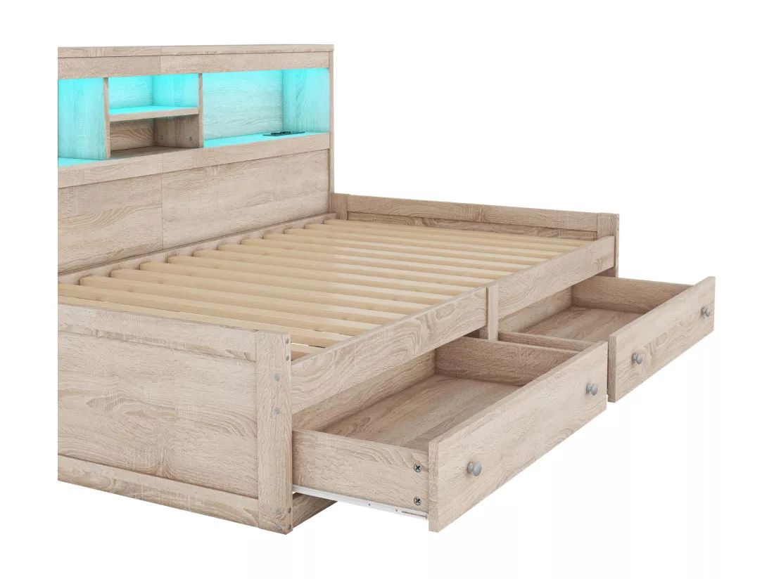 Lit banquette 90x200cm - avec prise USB & 2 tiroirs - sommier à lattes - Naturel