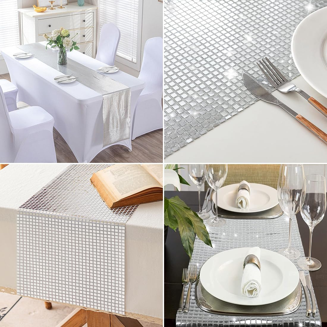 (2er Set) 180x30cm Disco Tischläufer Party Deko Pailetten Tischtuch Glitzer Tischdecke - Silber