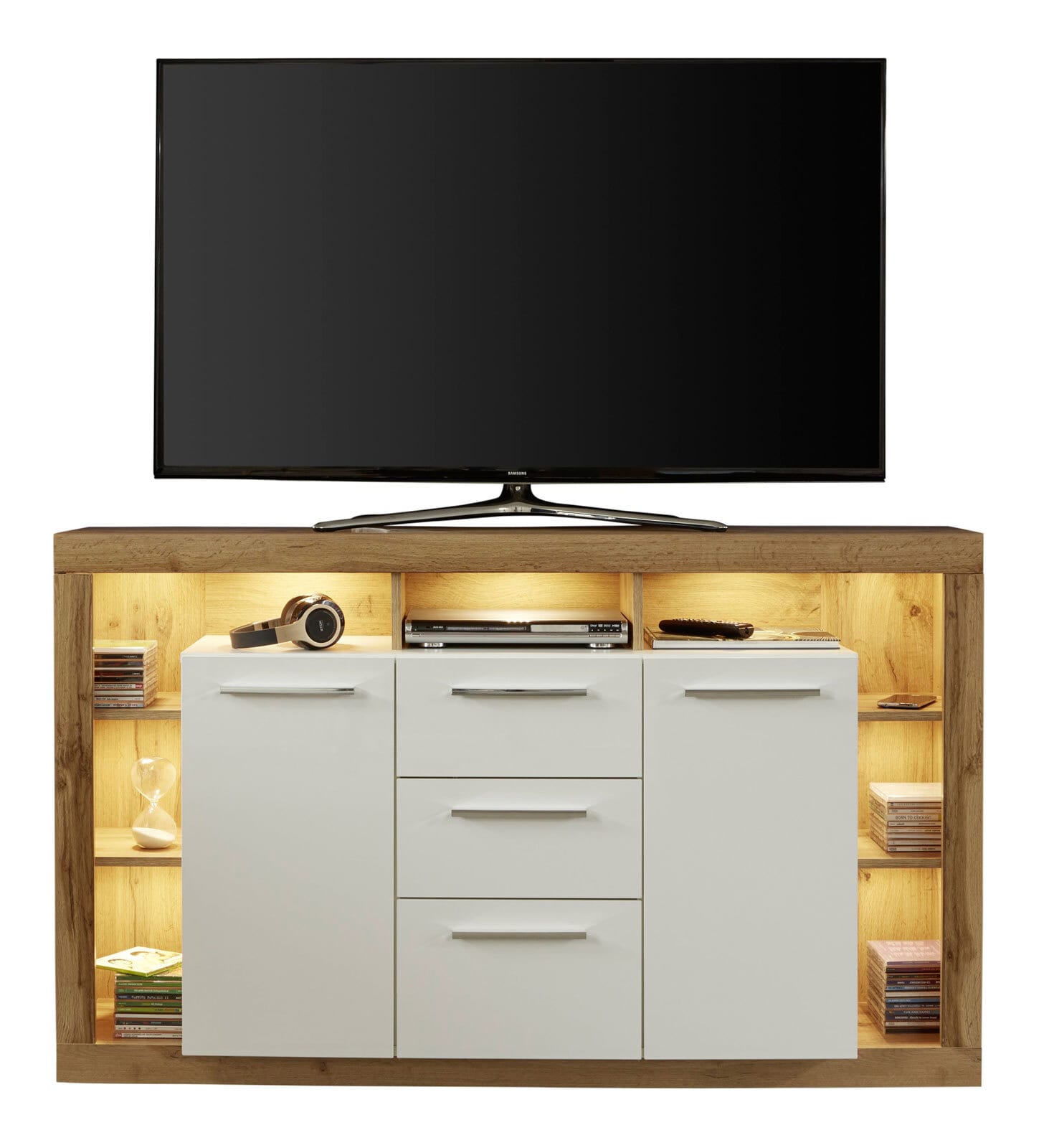 Sideboard Rock Weiß Hochglanz/Wotan Eiche Nachbildung 150 x 90 x 40 cm