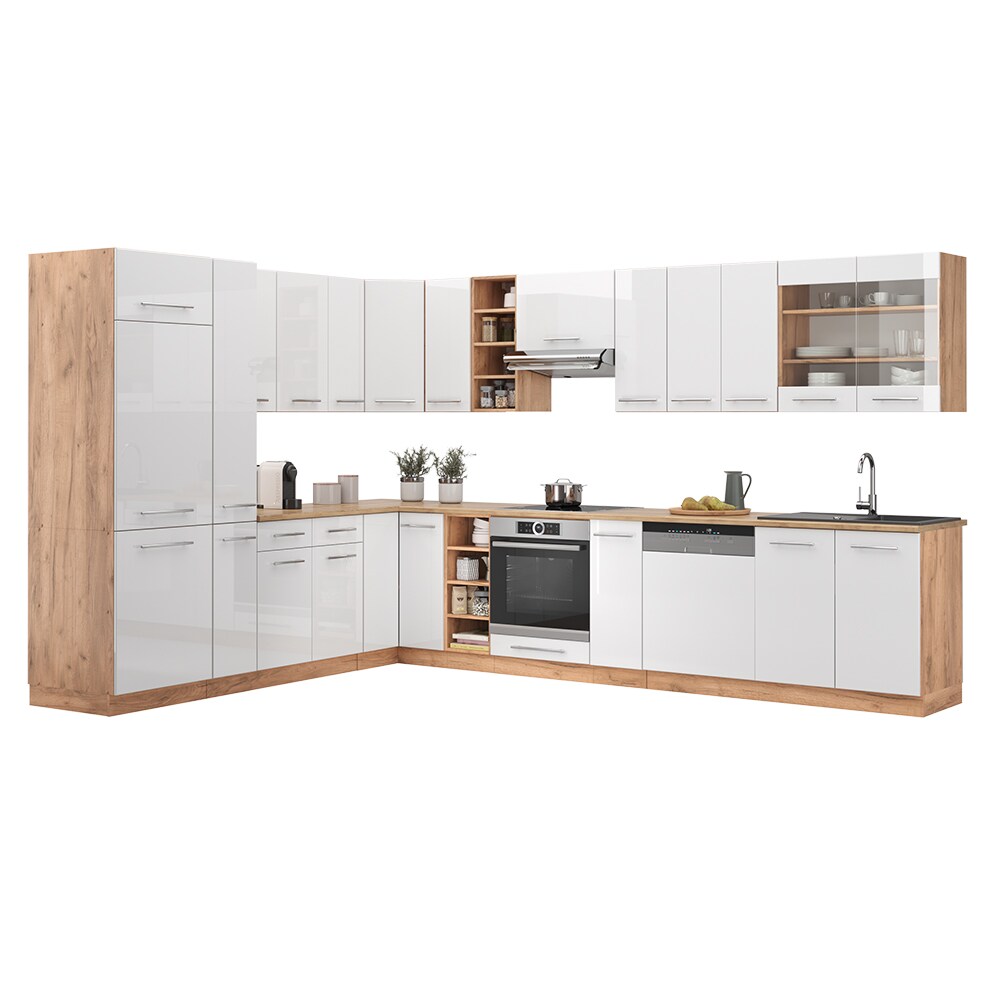 Vicco Eckküche Küchenzeile Einbauküche Fame-Line Eiche Weiß 257x347 cm modern Spülenunterschrank Unterschrank Herdumbauschrank Hängeschrank Kühlumbauschrank Apothekerhochschrank Blende