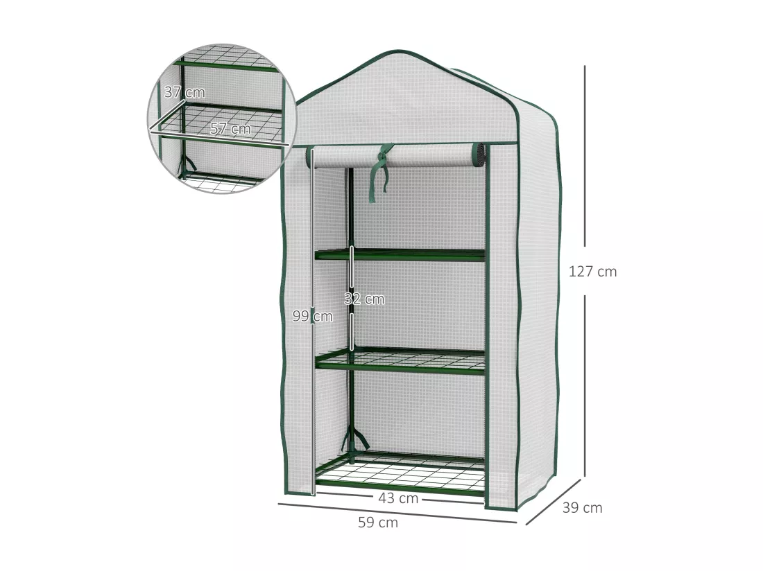 Serre de jardin balcon 3 niveaux métal thermolaqué vert PE blanc