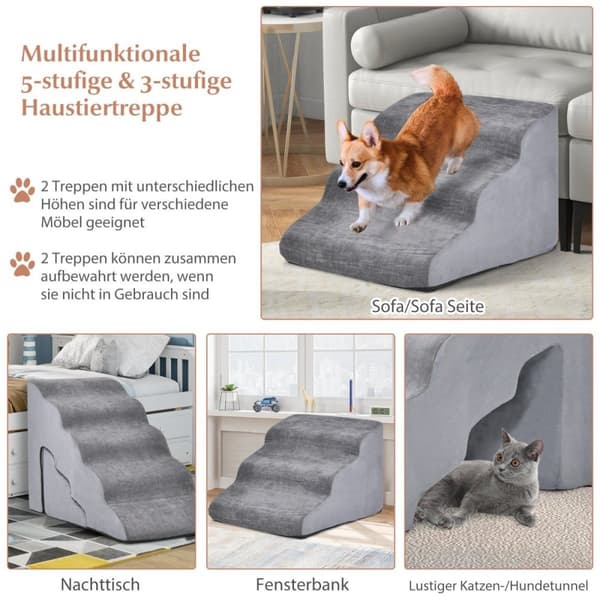 5- og 3-trinns hundetrapp med Chenille-stoffoverflate og kjæledyrhårbørste sklisikre grå