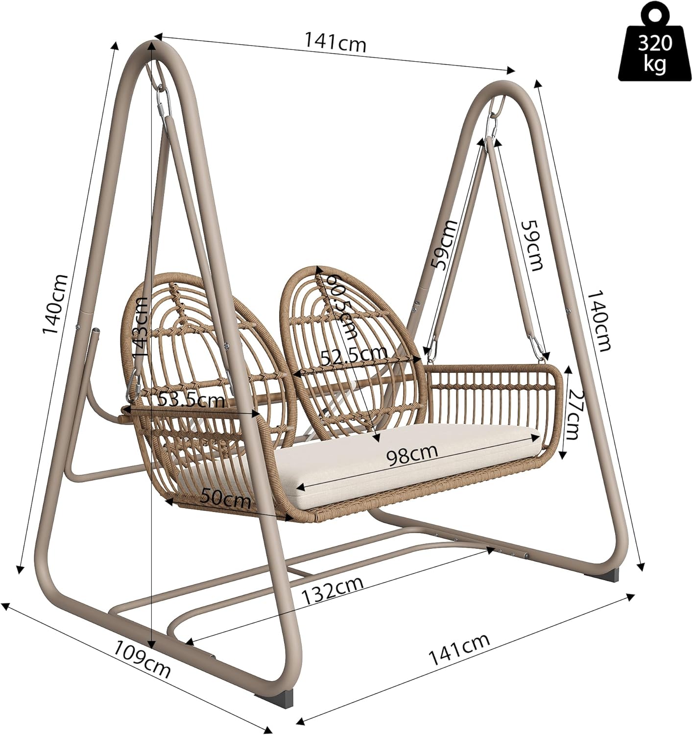 Gartenschaukel, Hollywoodschaukel mit Rückenlehne, Gartenmöbel-Set für den Außenbereich,Doppelschaukel aus PE-Rattan, 2 Sitze, Brauner Sitzrahmen und beiges Kissen