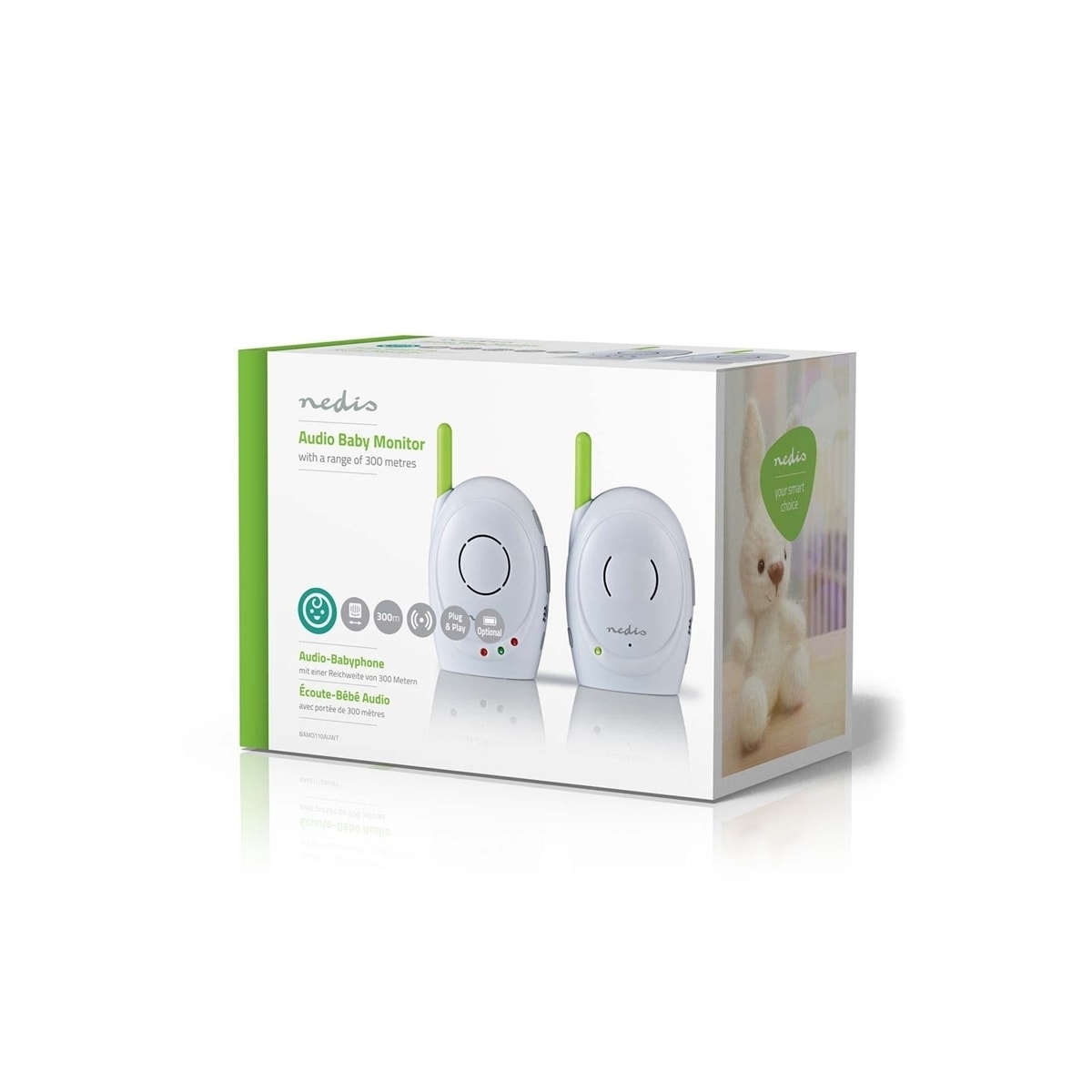Nedis Audio Baby Monitor | FHSS (Frequency-Hopping Spread Spectrum) | Med snakk-tilbake-funksjon | Område: 300 m | Batteri drevet / Nettstrøm drevet | Grøn / Hvit