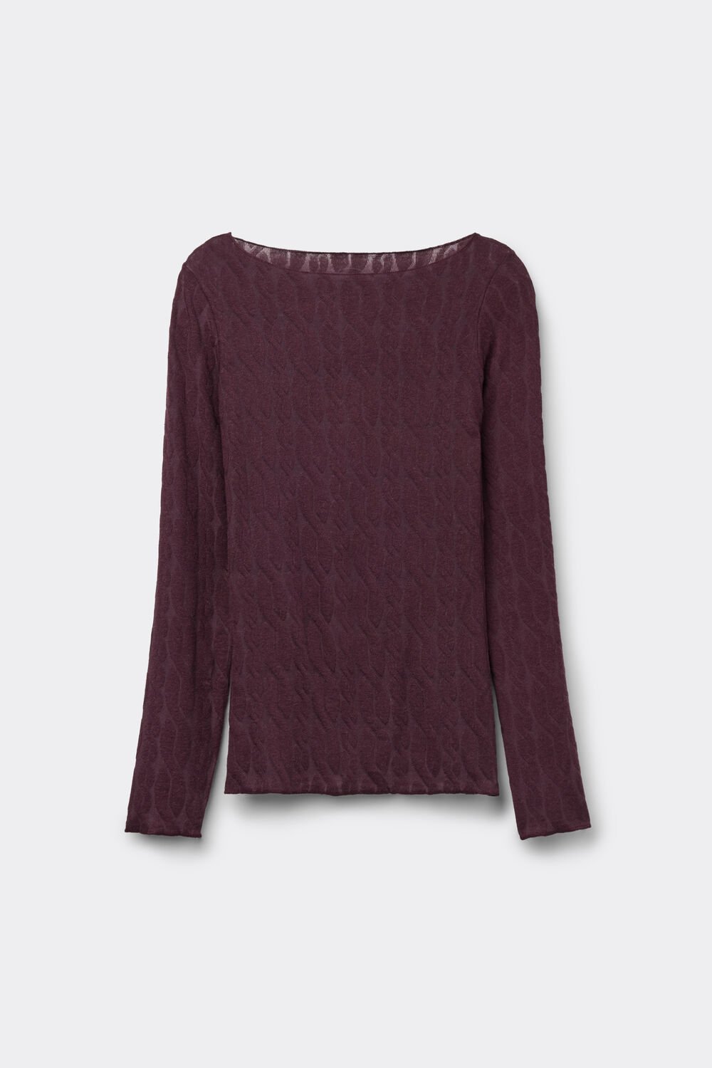 Blusa de malha trançada com decote canoa em tecido ultraleve com cashmere.