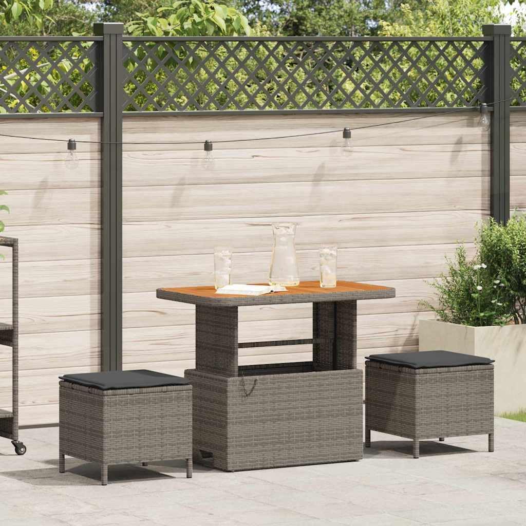 Garten Essgruppe Grau Poly-Rattan, Akazienholz, 2 Hocker, Kissen, Outdoor Möbel Set für Terrasse, Balkon, Essbereich, 100x100x79 cm
