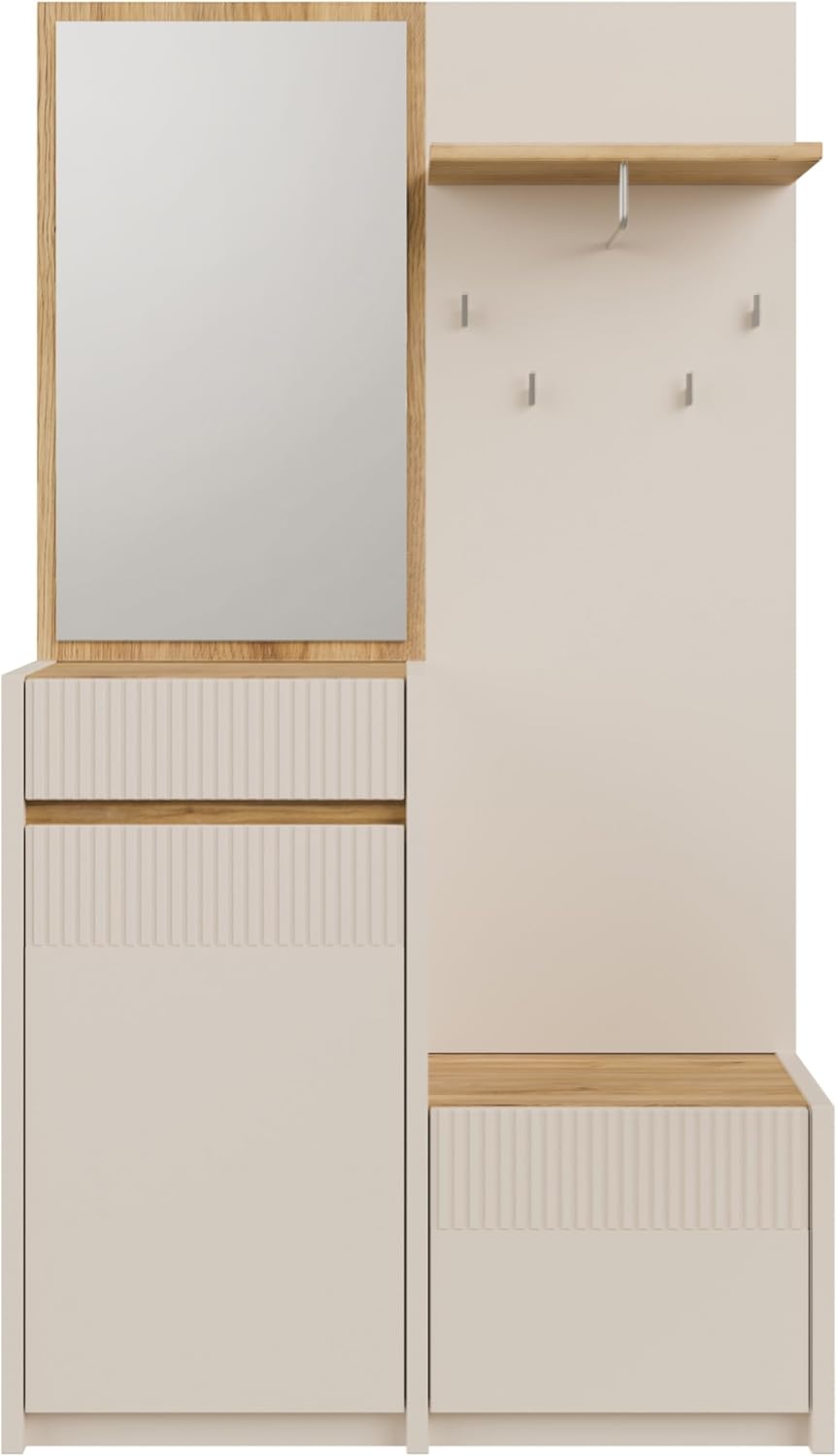 Forte Oak SQUERE Garderobe 100 110, Elegante Garderobe mit Spiegel, Kleiderstange und Aufbewahrung, Holzwerkstoff, Mauvella Eiche Holzdekor/Sand, 108,4 cm breit x 195,9 cm hoch x 41,7 cm tief
