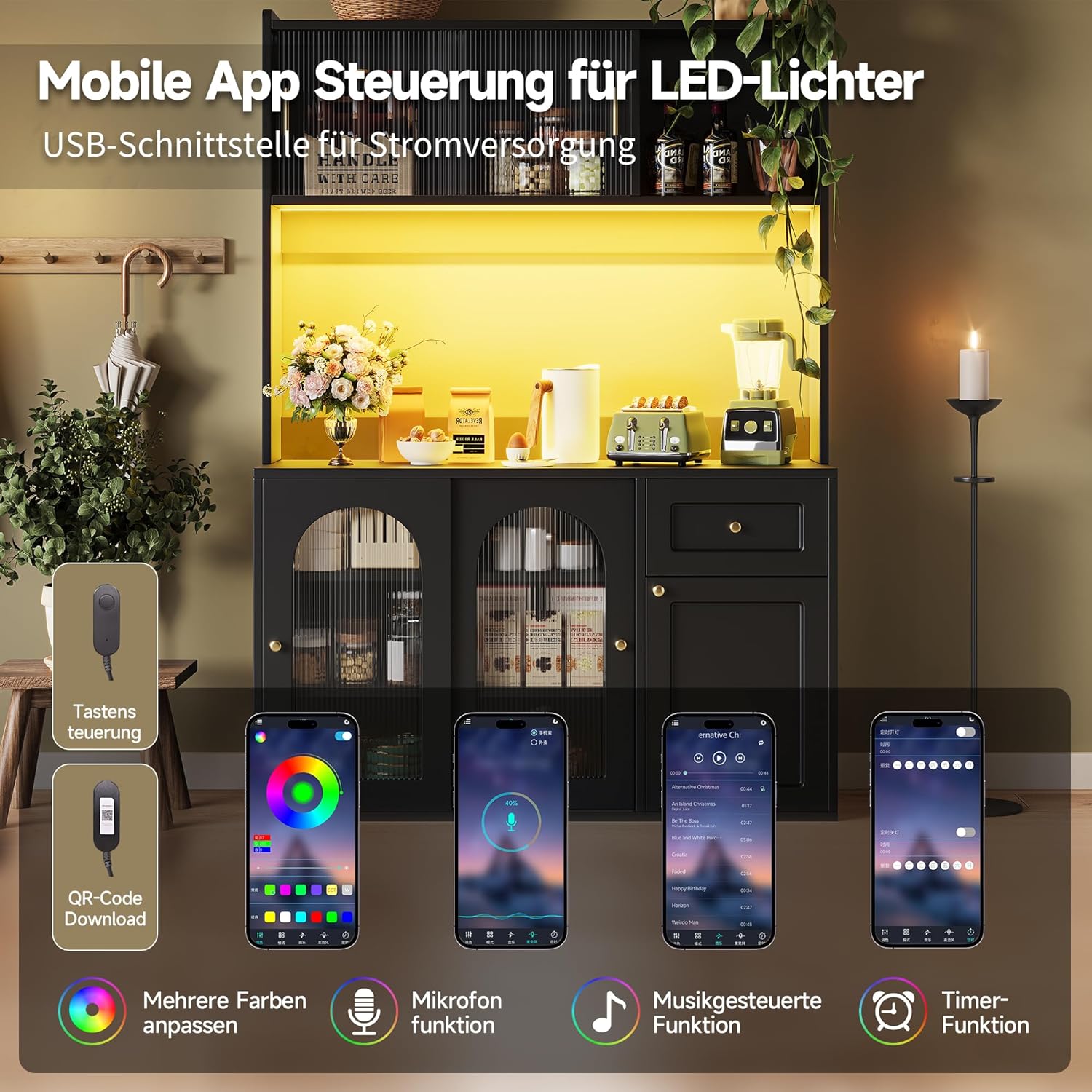 Küchenschrank, Hochschrank, Vitrinenschrank, Buffetschrank mit Verstellbaren Ablagen, Esszimmerschrank, Sideboard mit LED-Beleuchtung, Schwarz