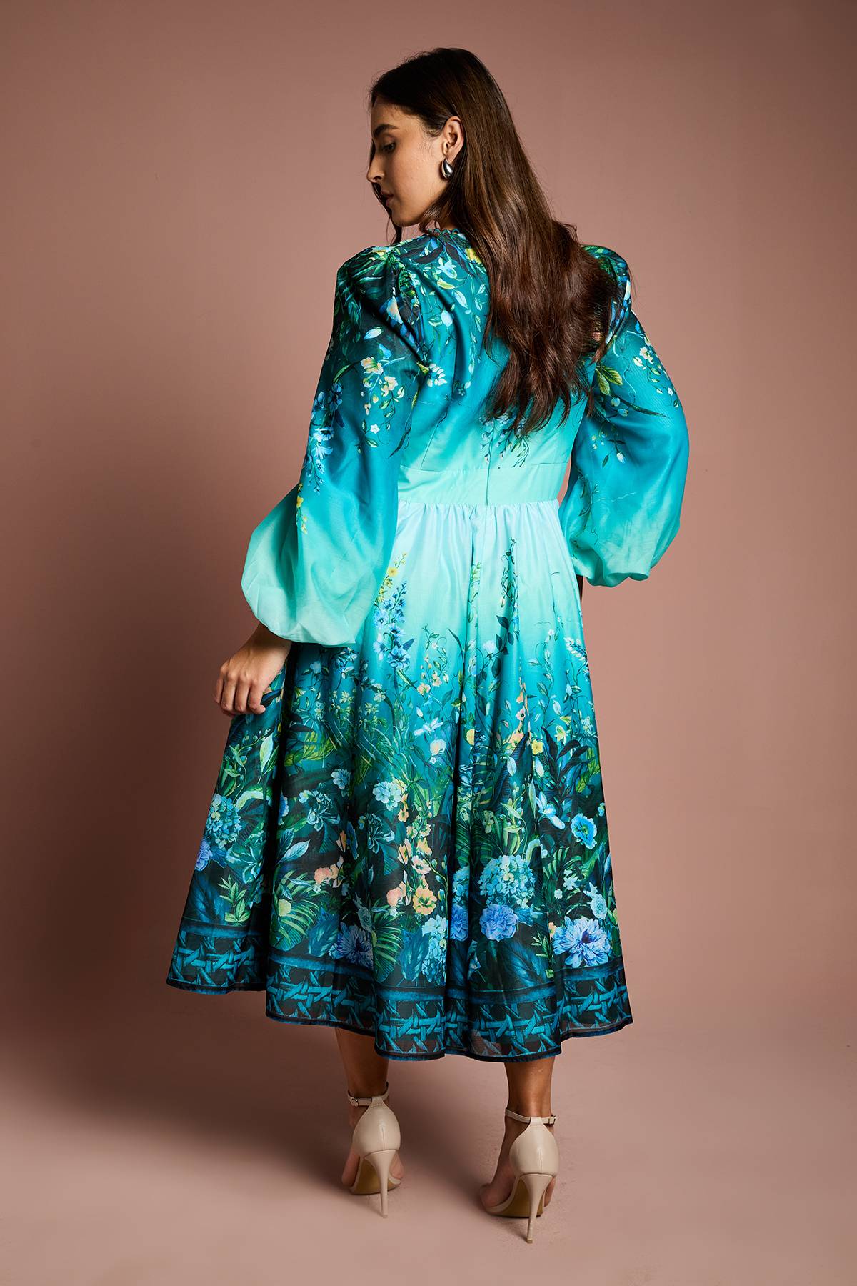 Coast Robe Midi Grande Taille à Col V et Manches Longues avec Imprimé Placé en Organza