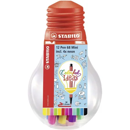 Premium-Filzstift- STABILO Pen 68 Mini - Colorful Ideas - 12er Pack - mit 12 verschiedenen Farben in wiederverschließbarer Glühbirne