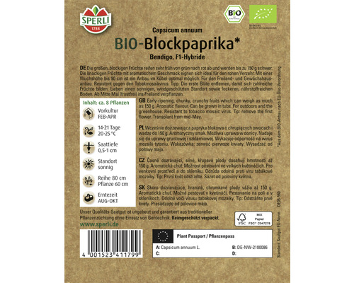 Peper 'Blockpaprika' Sperli Biologische Groentezaden