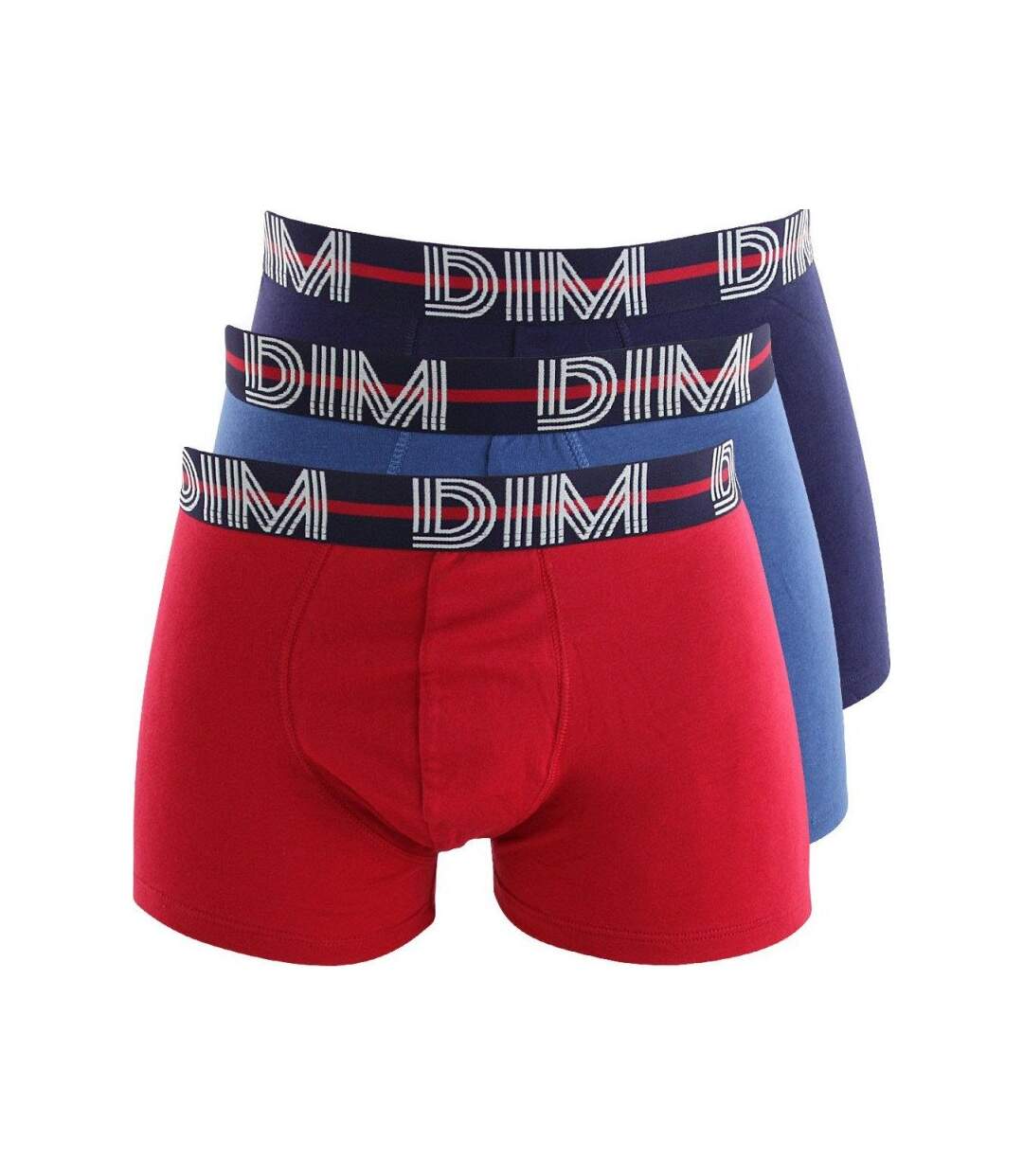 DIM Lot de 3 Boxers Homme Coton POWERFULL Rouge baie Bleu nuit Bleu cobalt