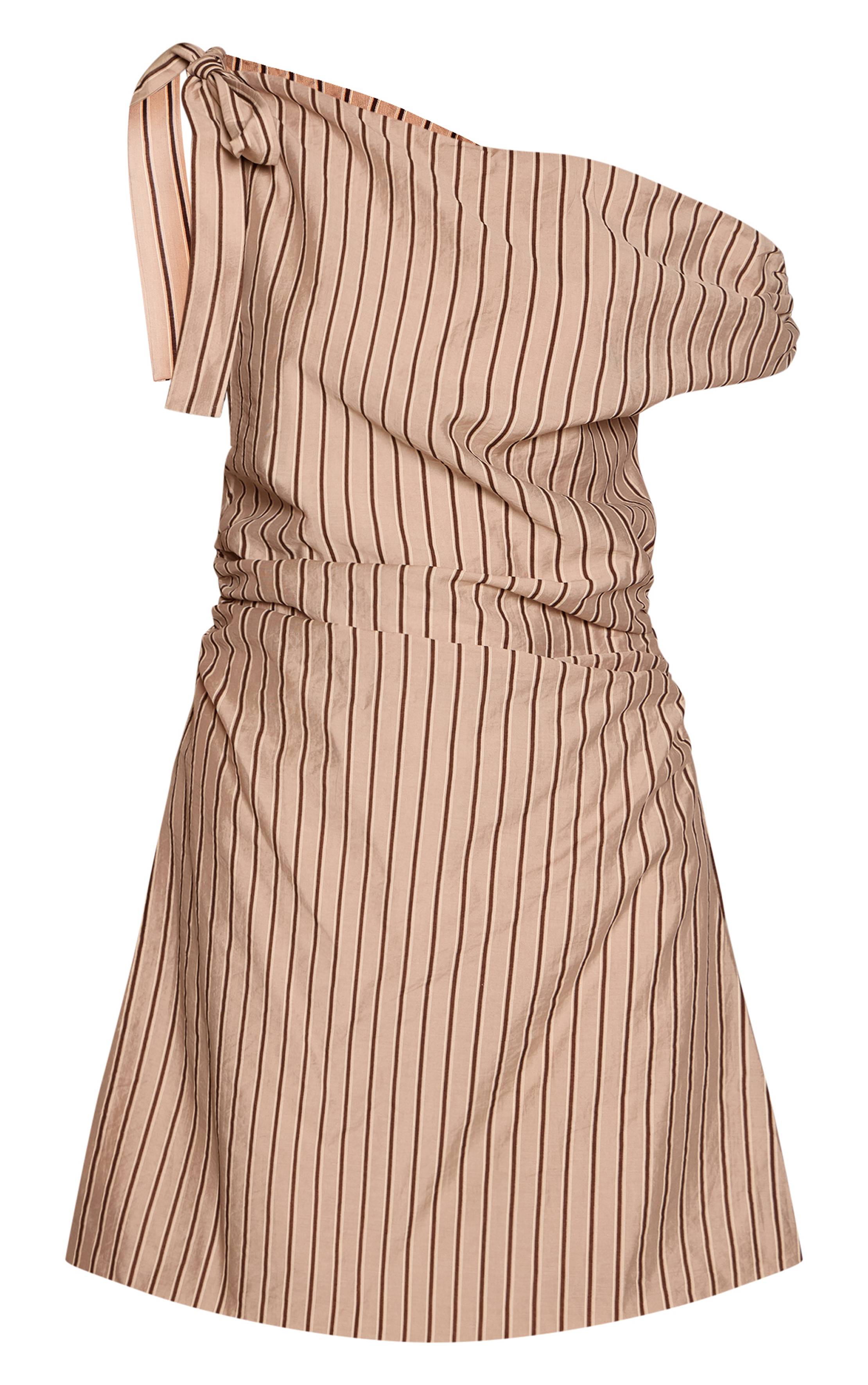 Taupe Robe Moulante Asymétrique À Rayures Avec Nœud À L'épaule