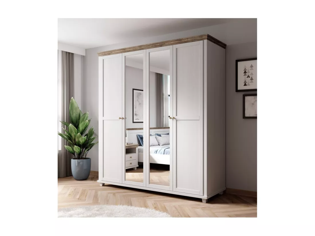 Armoire 200x220 avec 4 portes. Coloris blanc et chêne. Collection ASSIA