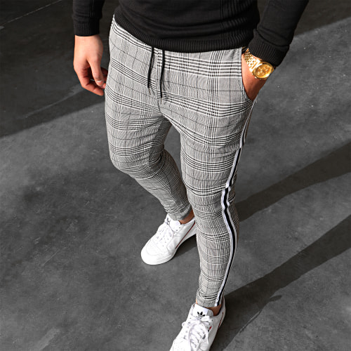 Pantalon Carreaux Avec Bandes T3296 Gris Noir Blanc