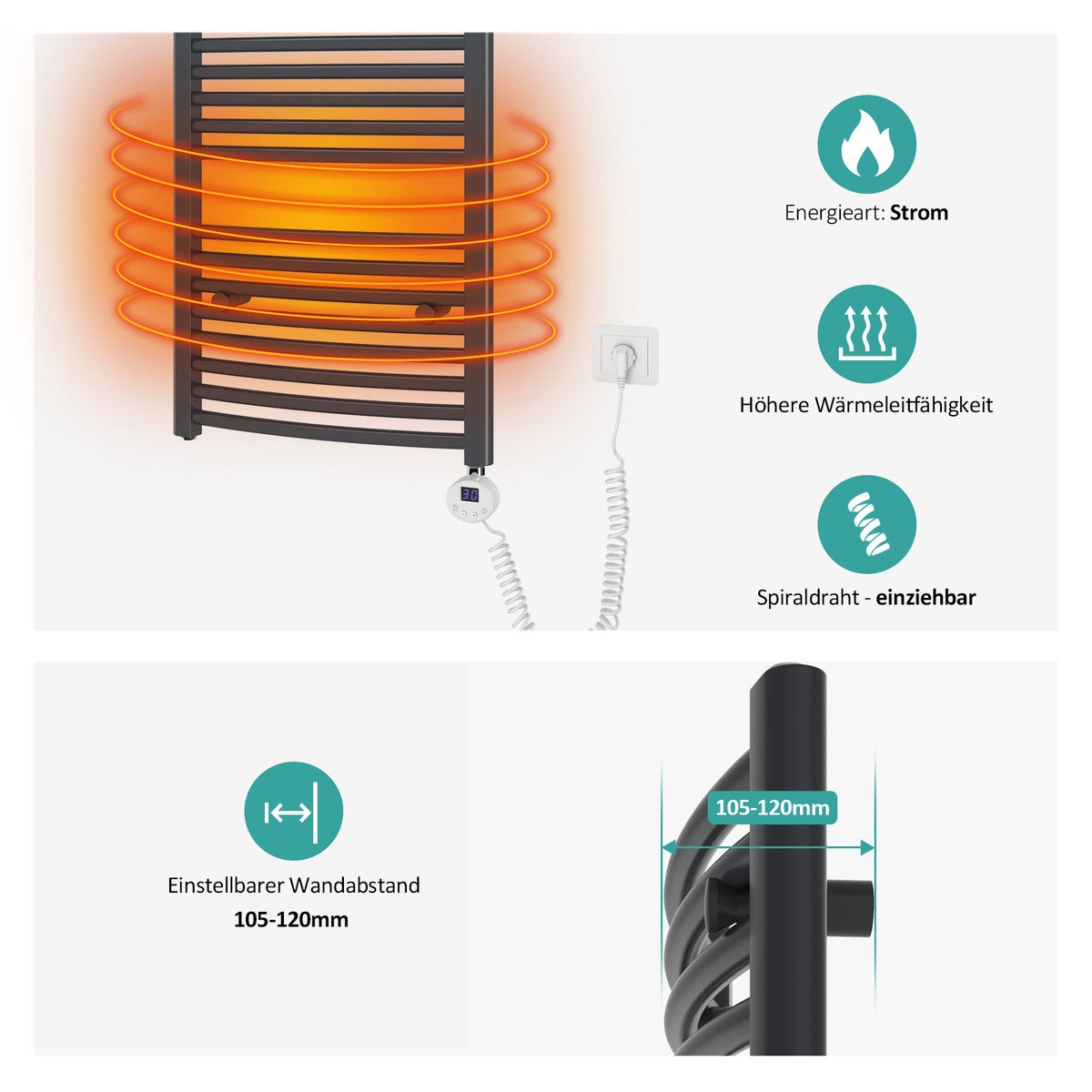 EMKE Elektrische Badkamerradiator Handdoekwarmer met Thermostaat Gebogen 120x60cm 600 Watt Antraciet Handdoekdroger Handdoekradiator Badkamer