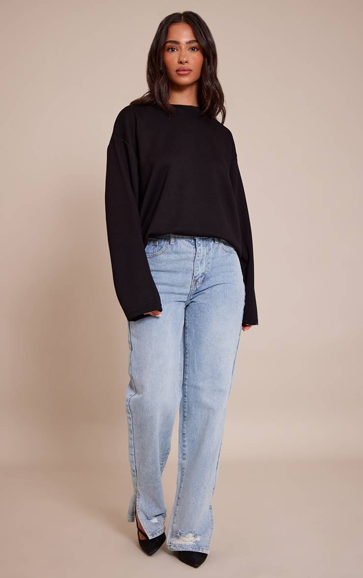 Light Blue Wash Jean Droit Petite Délavage Clair Effet Déchiré Ourlet Fendu
