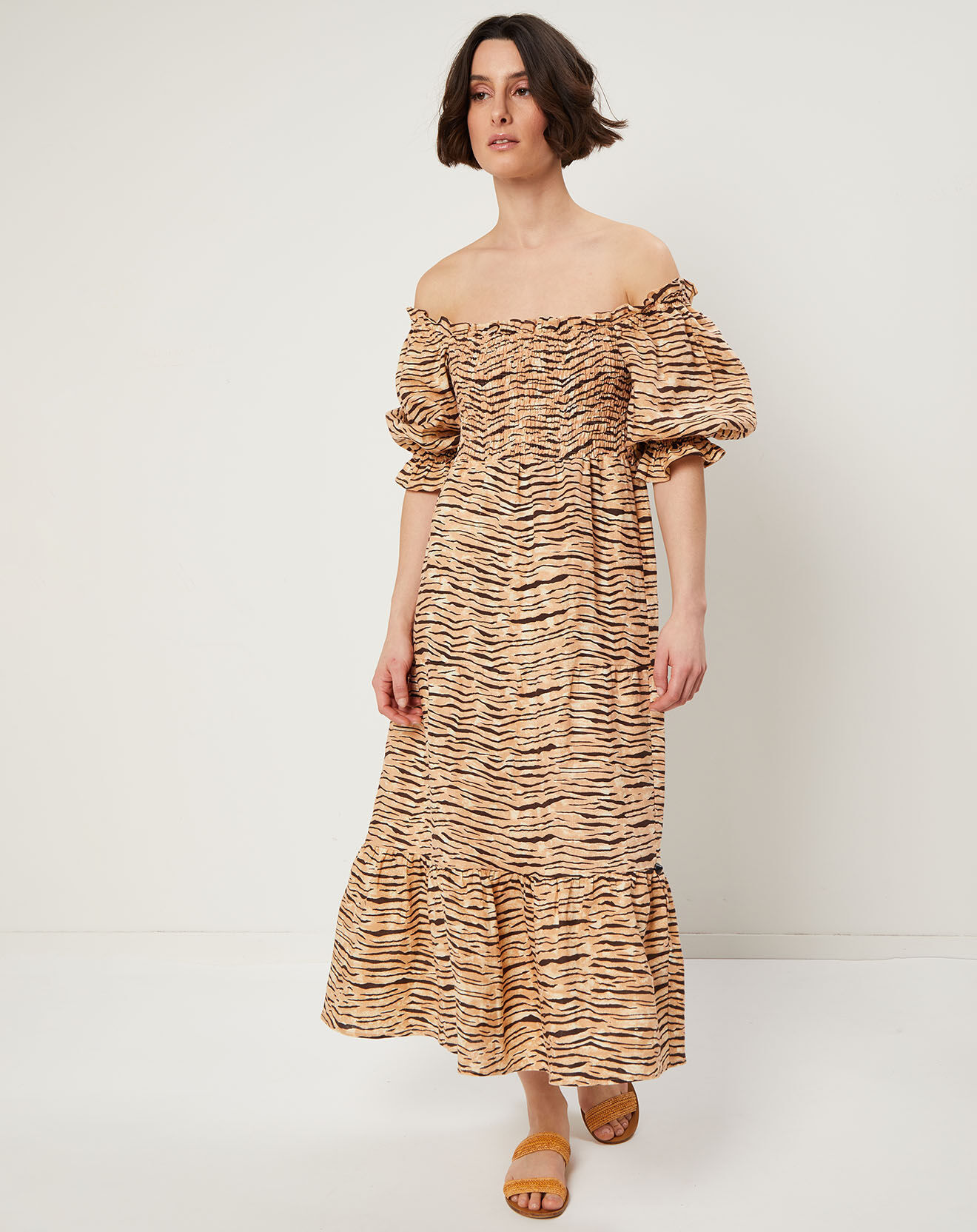Faithfull the Brand Robe midi 100% Lin De Christin imprimé animal beige/marron