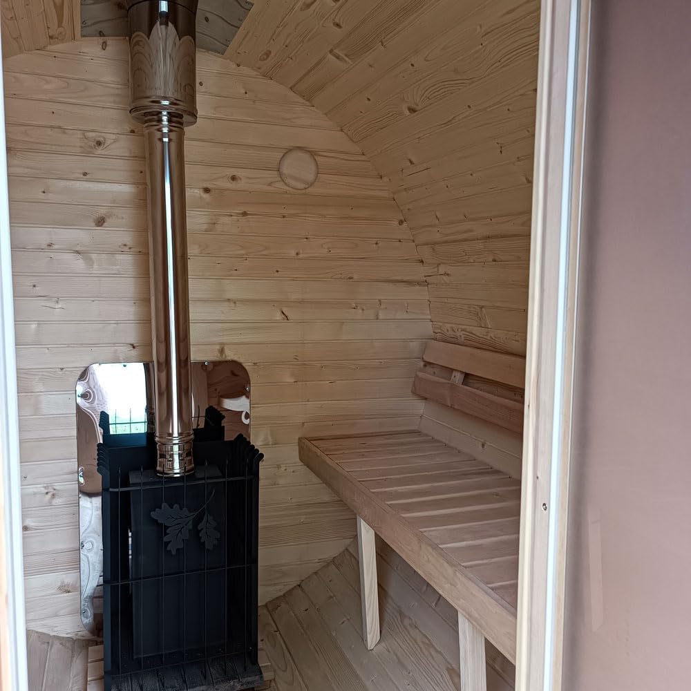 Gartensauna Fasssauna aus Holz für 4 Personen, Rund | Mit LED-Beleuchtung Außensauna für Garten & Terrasse (‎Dachfarbe: Braun, Weiß)