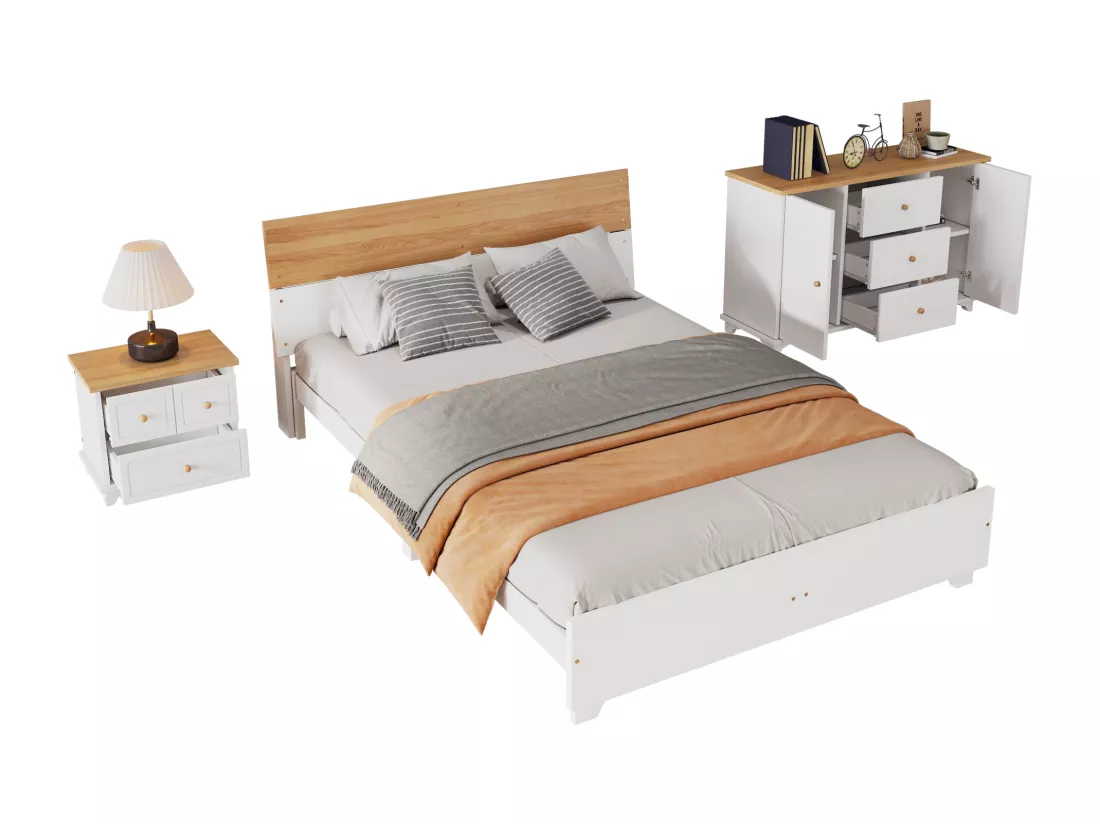 Ensemble lit adulte 160x200 cm en bois + Commode + Table de chevet - Blanc & Naturel