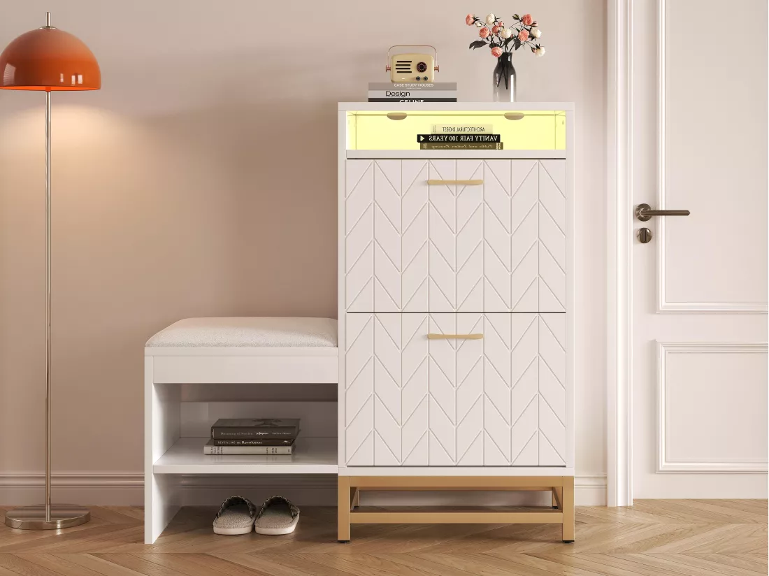 Meuble à chaussures avec LED - 1 banquette + 2 portes abattants + 2 compartiments - Blanc