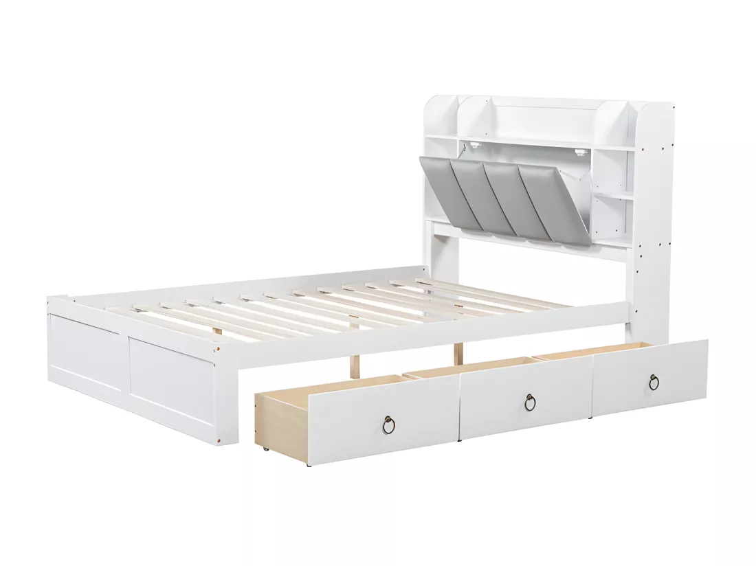 Lit double 140x200cm - en bois de pin et MDF - tête de rangement avec étagères ouvertes et 3 tiroirs - Blanc