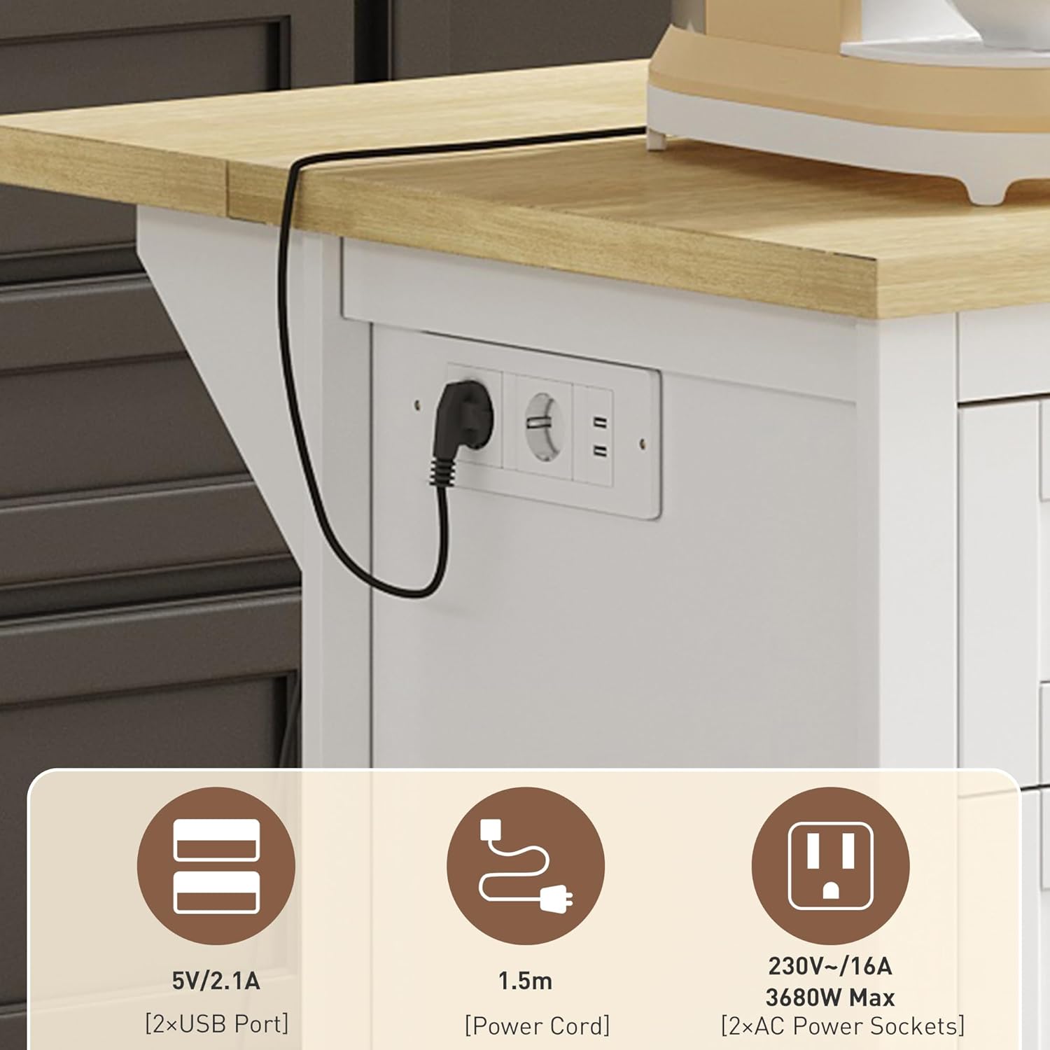 Buffet‑Sideboard/Bar‑Schrank/Kücheninsel–5 Schubladen, 2 Ausziehböden–Klappbare Erweiterungsplatte & Integrierte Steckdosen für Küche, Esszimmer&Wohnzimmer 150×65×75cm (Weiß)