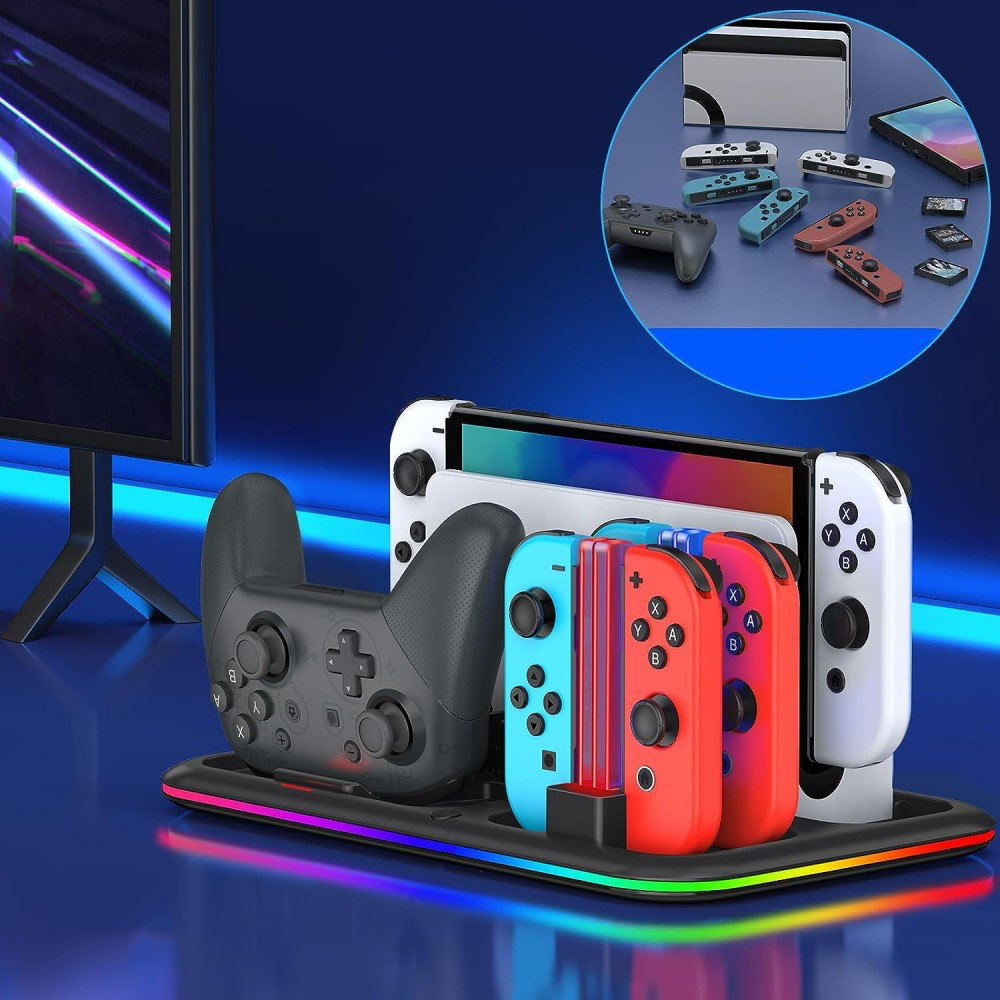 (5-fach) Ladestation Charging Dock für Nintendo Switch / OLED Joy-Con und Pro Controller   Spielehalterung mit RGB Beleuchtung - Weiss