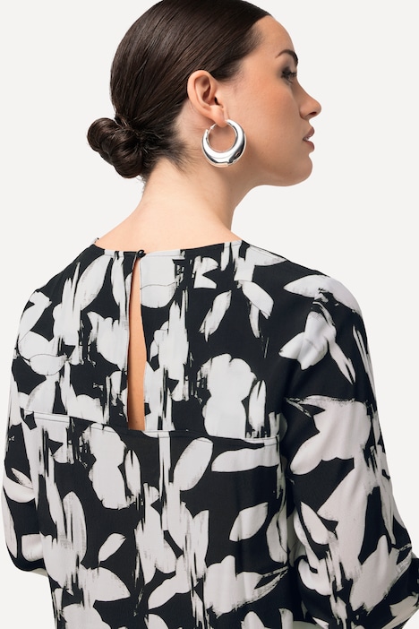 Bluse, Blätter, A-Linie, Rundhals, 3/4-Arm