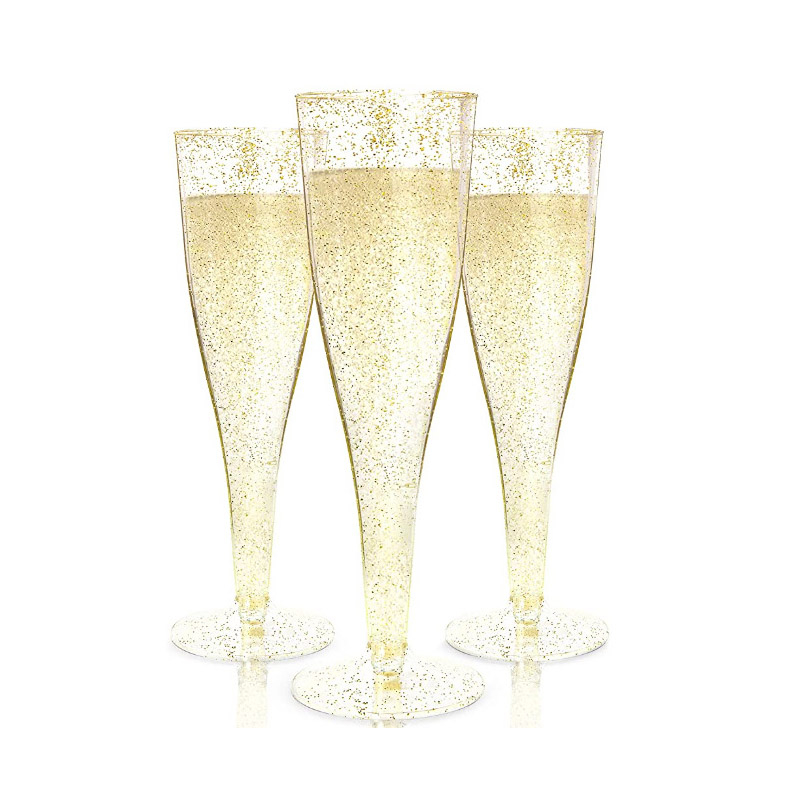 (10er Set) Einweg Glitzer Sekt Trinkbecher Party Champagner Glas für Hochzeit / Junggesellinnenabschied / Geburtstag - Transparent / Gold