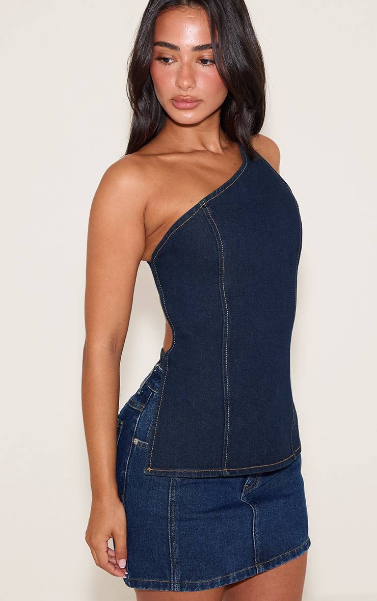 Bleu Indigo Haut En Denim Petite Asymétrique Dos Ouvert