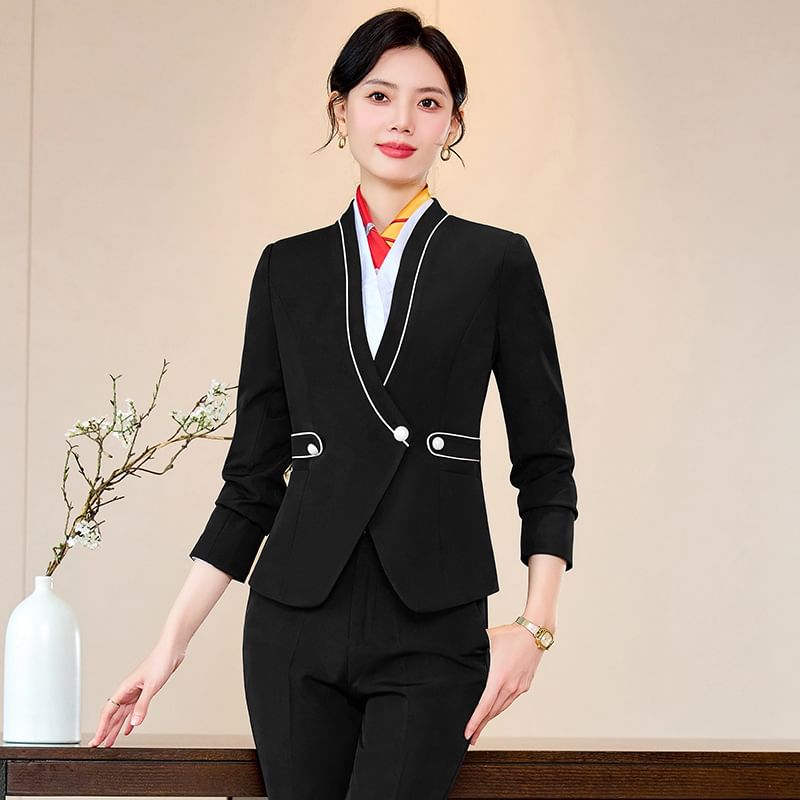 Skyheart - V-hals contrasterende enkelrijs wikkelblazer / V-hals knoopvest / Hoge taille cropped rechte broek / Mini-kokerrok / Lange mouwen V-hals effen overhemd / Set