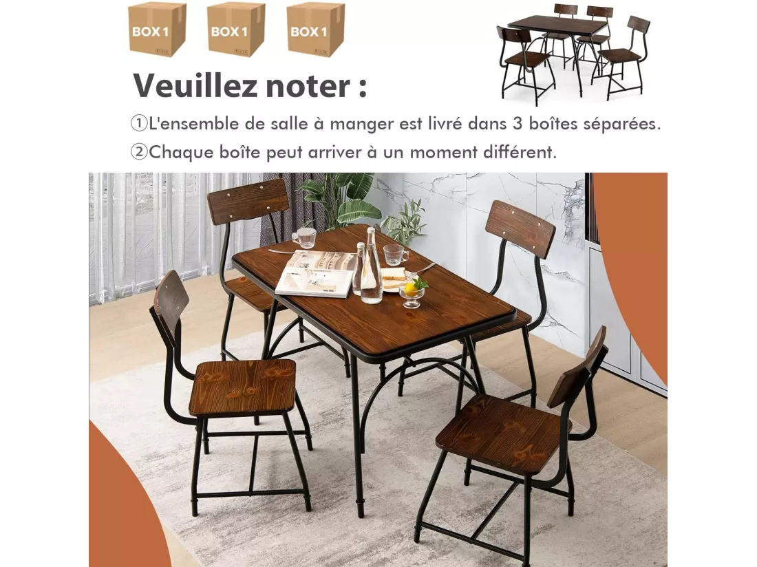 Ensemble de Table à Manger 5 Pièces, Table de Cuisine Rectangulaire et 4 Chaises pour 4 Personnes, avec Structure en Métal, pour Cuisine, Coin Repas, Restaurant, Marron (1 Table+4 Chaises)