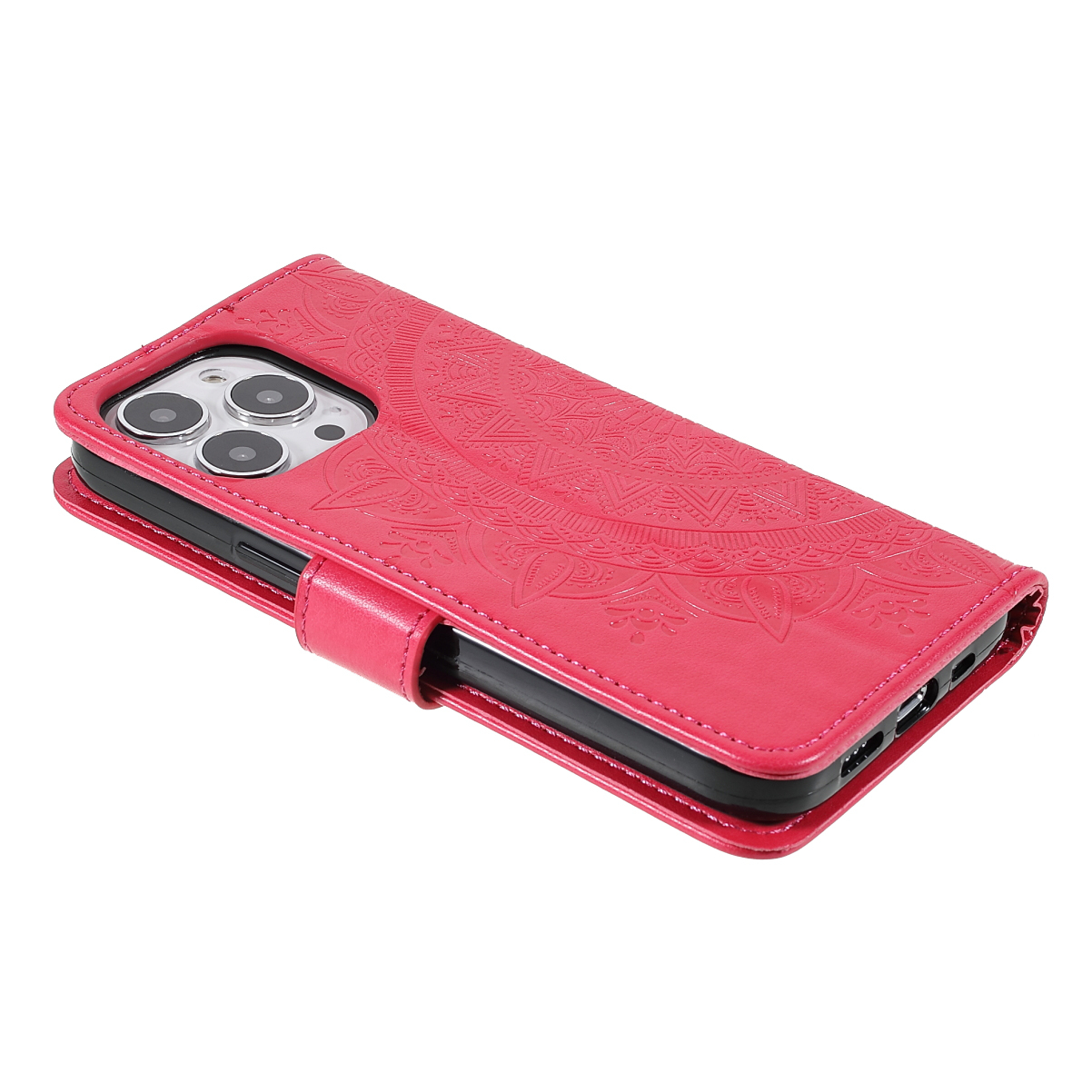 iPhone 13 Pro Leder Tasche Wallet - Mandala Flowers Imprint - Rot / Pink