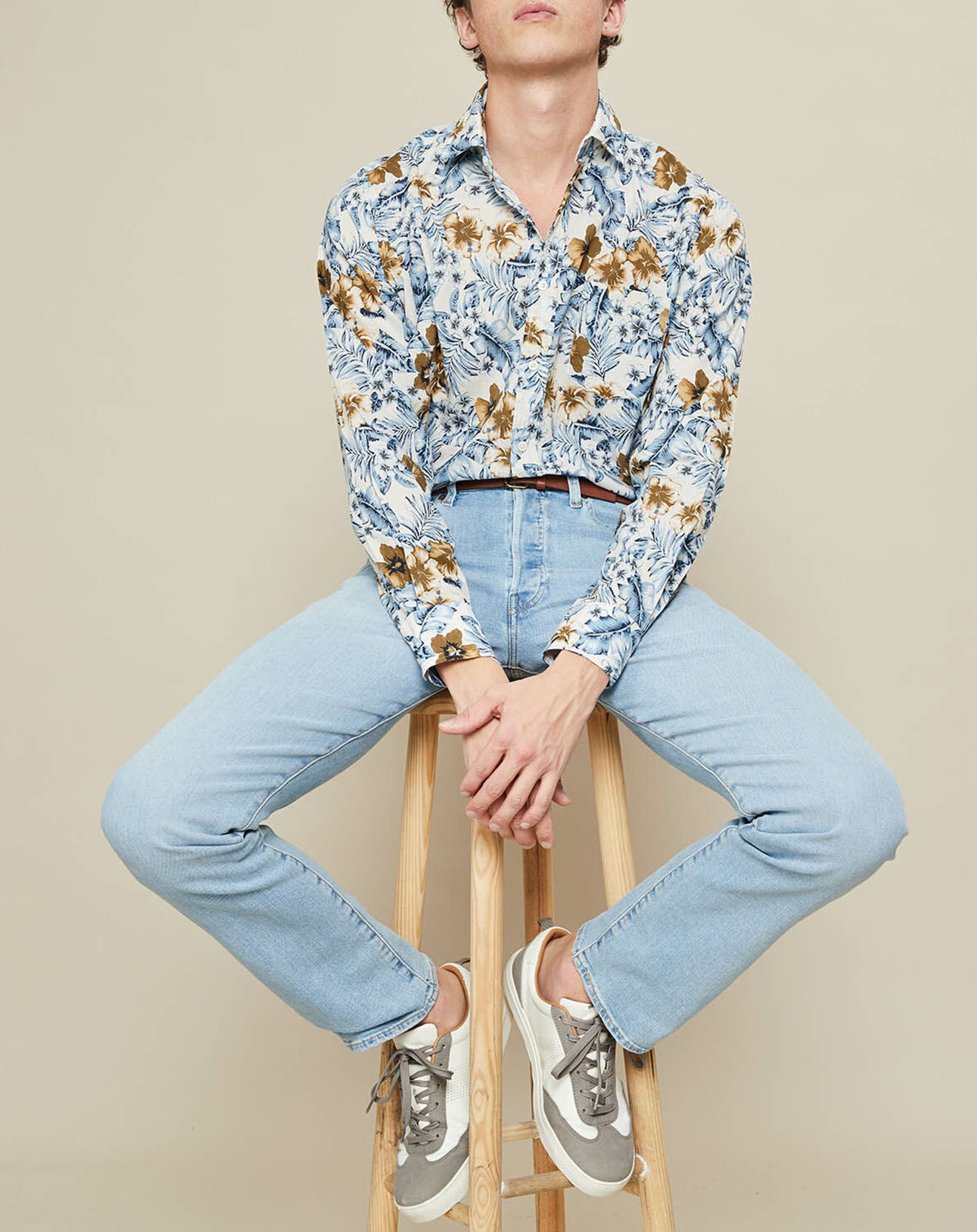 Hartford Chemise regular Paul imprimée bleu/beige