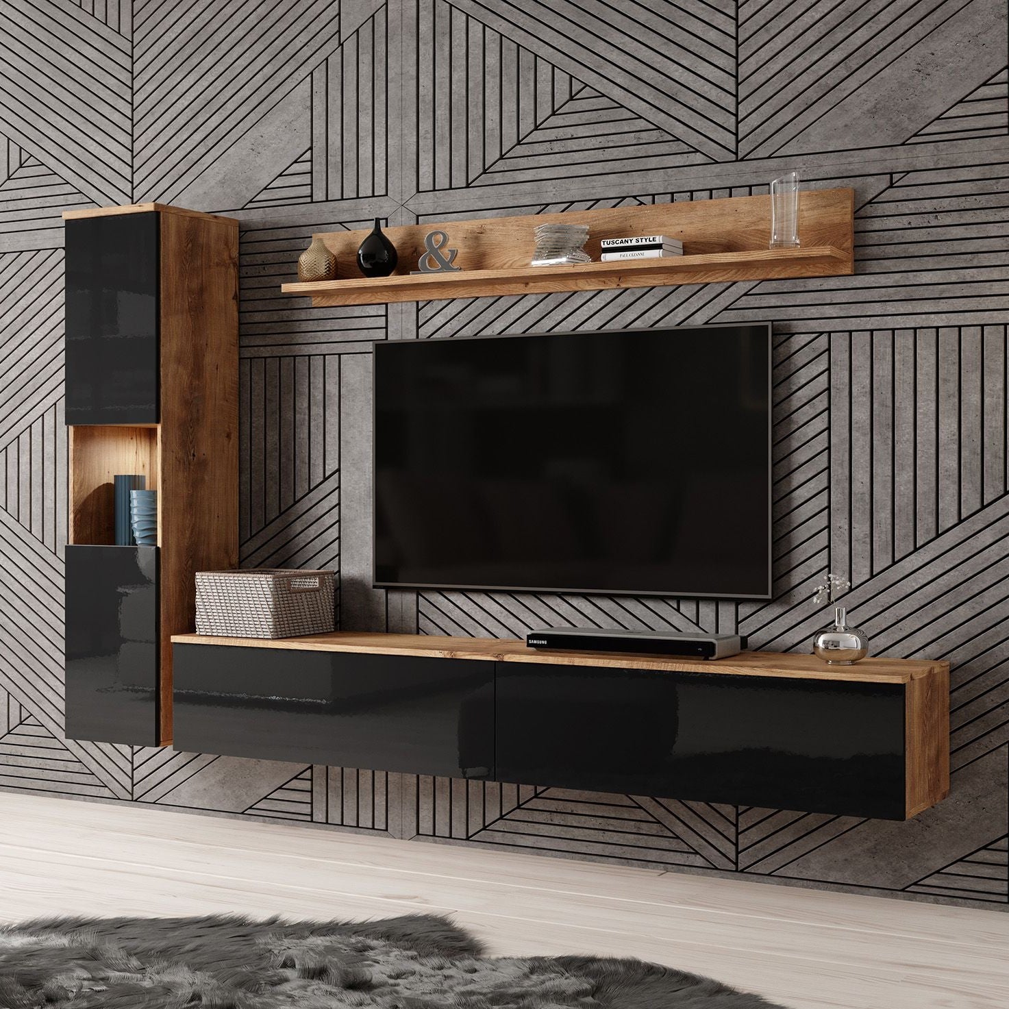 Pure - Wandmeubel - Zwart/donker eiken - 180x33x32 cm