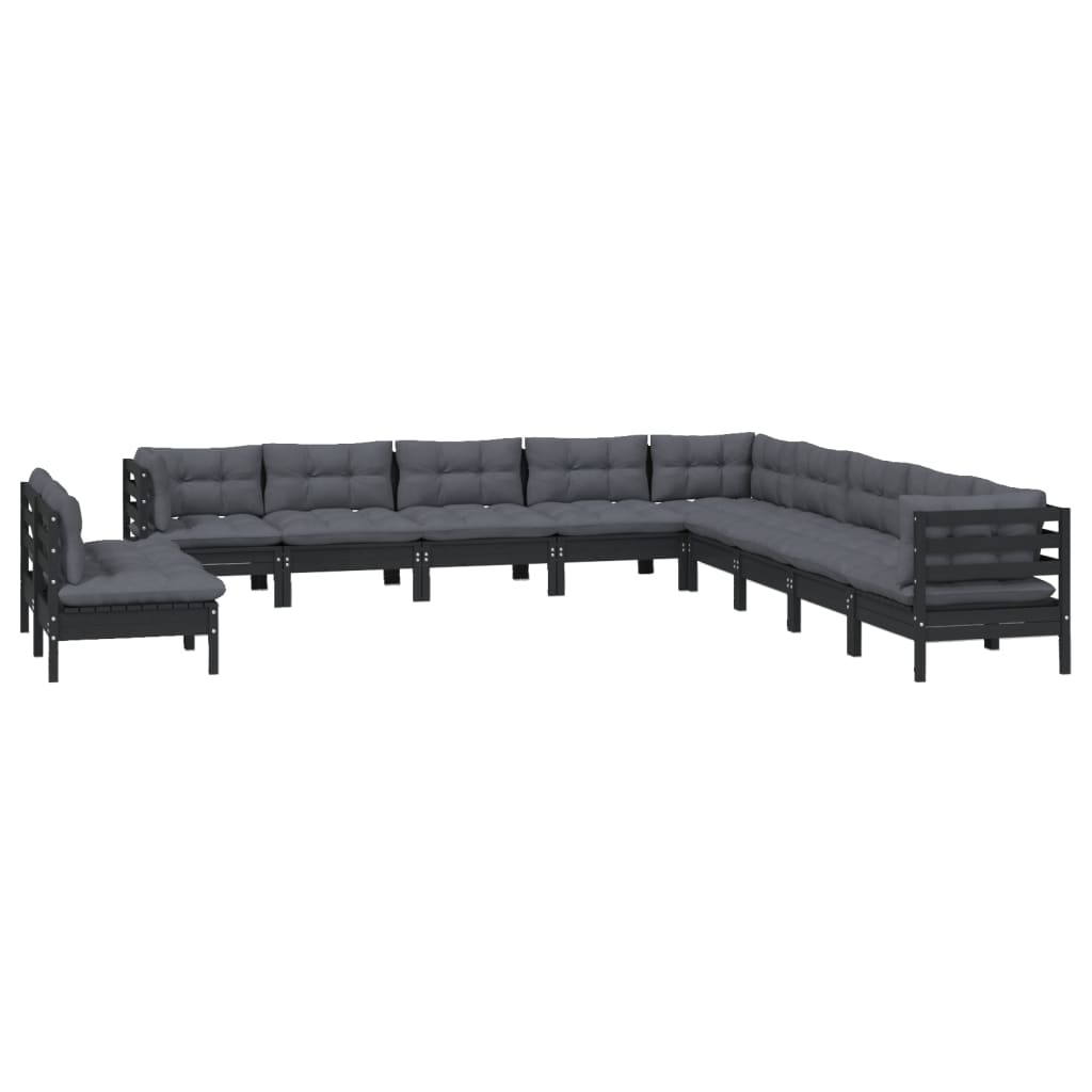 Salon de jardin meuble d'extérieur ensemble de mobilier 11 pièces avec coussins noir bois de pin solide
