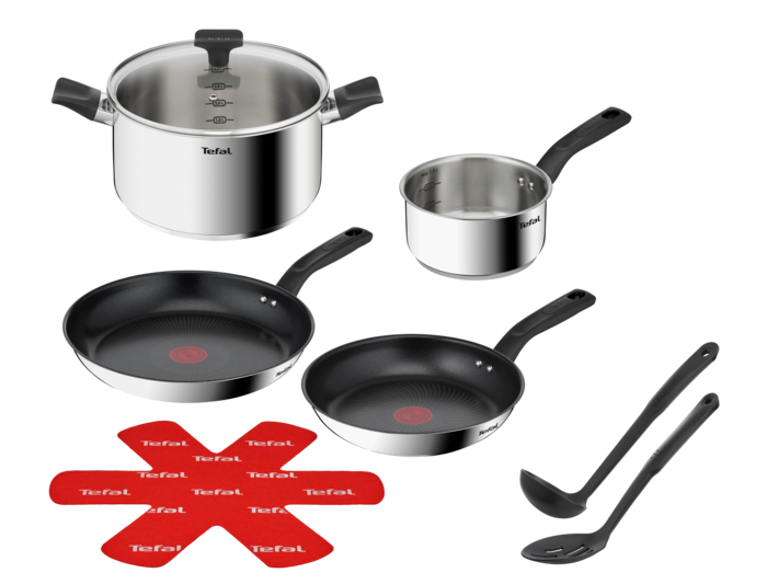 Delicious Batterie de cuisine inox 8 pièces Casserole 16 cm, Faitout 24 cm + couvercle, Poêles revêtues 24/28 cm, Louche, Ecumoire, Feutrine protège-poêles