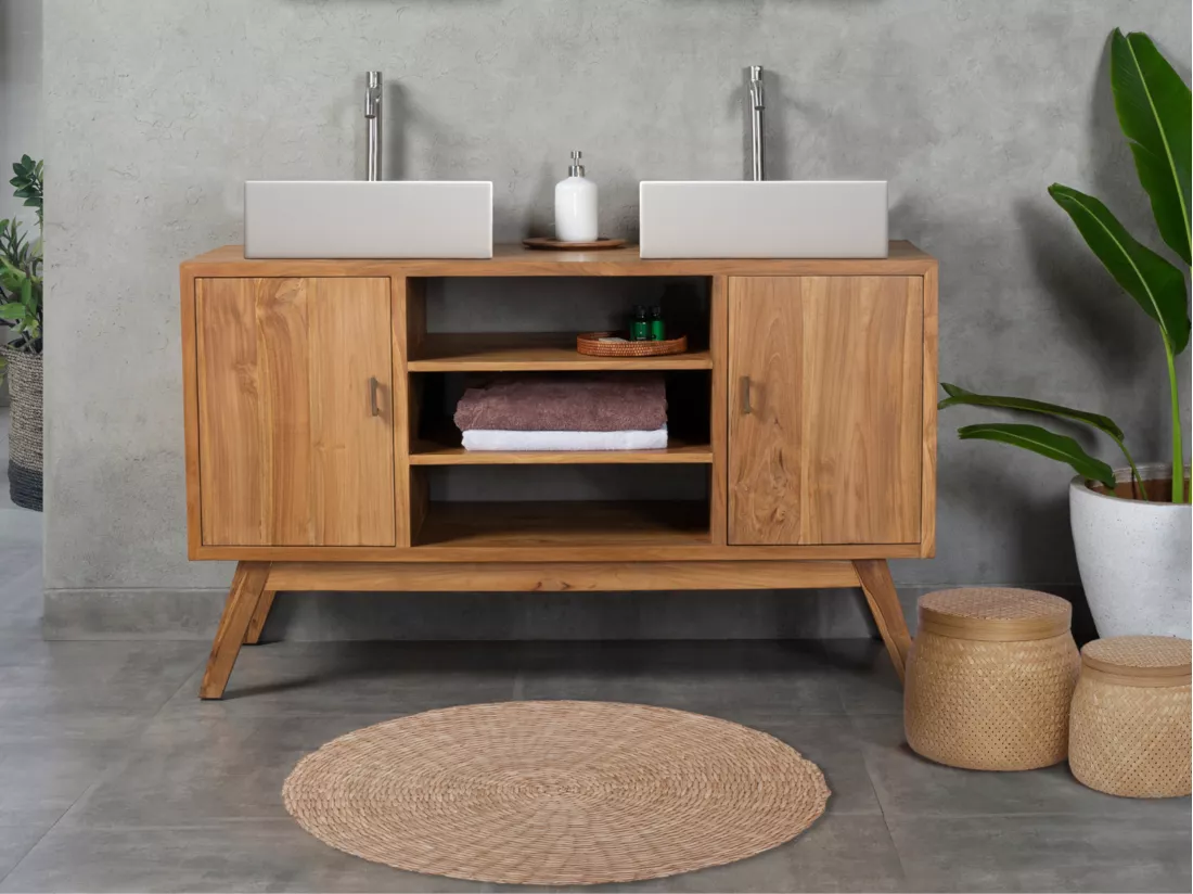 Meuble de salle de bain en teck avec double vasque - 135 cm - GIANYAR