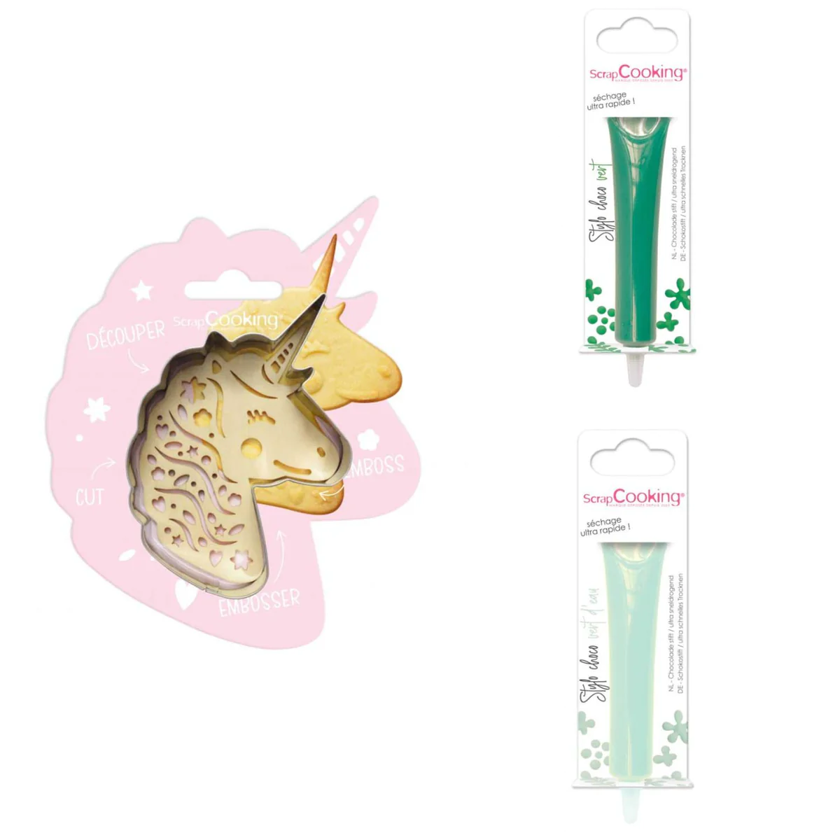 Kit pour biscuit en relief Licorne + 2 Stylos au chocolat vert et vert