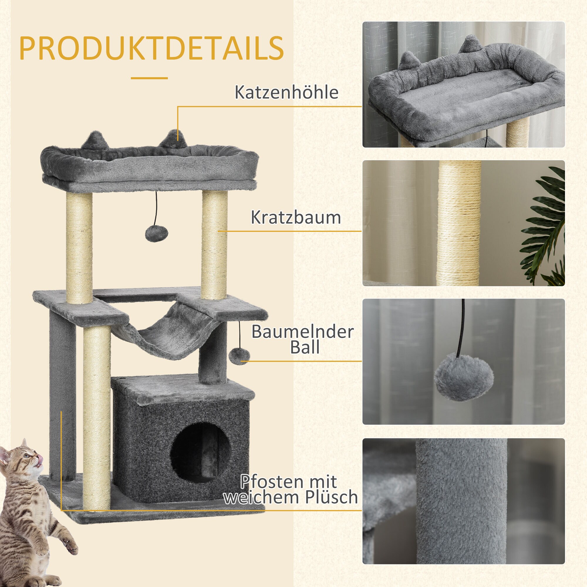 PawHut Kratzbaum mit Höhle grau 48L x 48B x 100H cm