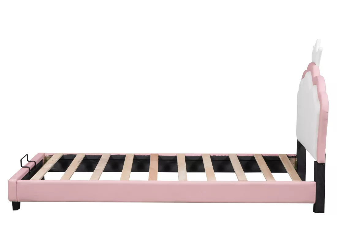 Lit avec tête de lit en forme couronne 90 x 200 cm - cuir PU - pour enfant - coloris rose