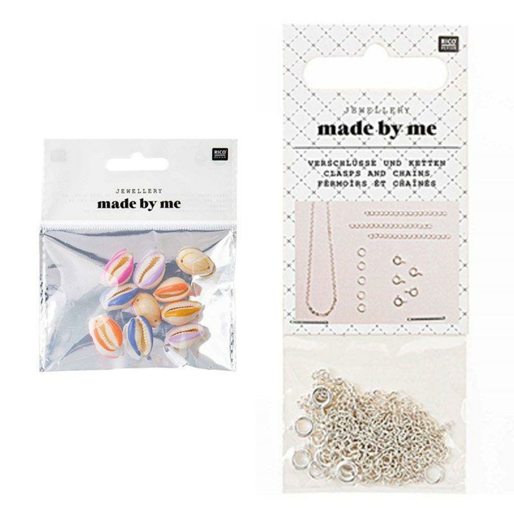 10 perles coquillages multicolores + fermoirs fins et chaînes argentés