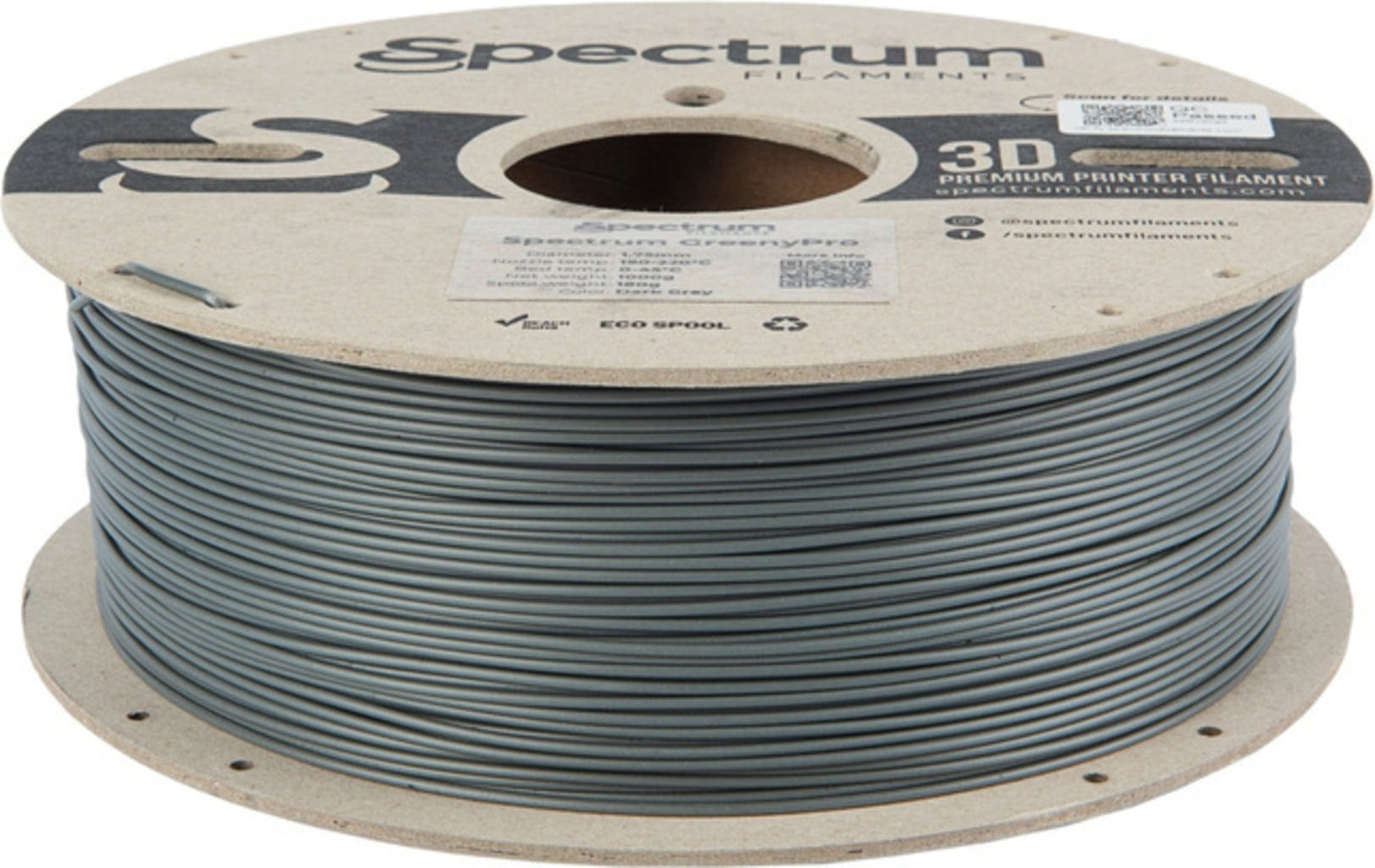 Spectrum  GreenyPro Dark Grey, 1,75 mm / 1000 g    Bio-Performance-Filament mit hoher Temperaturbeständigkeit in Dark Grey