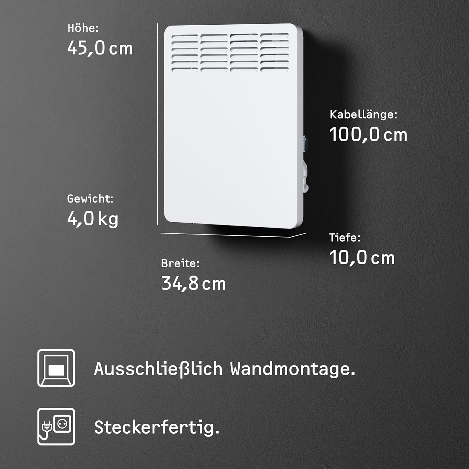 STIEBEL ELTRON Wandkonvektor CNS 50 Trend, 0,5 kW für ca. 6 m², TÜV geprüft, LC-Display, Wochentimer, Elektroheizung energiesparend, Wandmontage, mit Stecker, 236524
