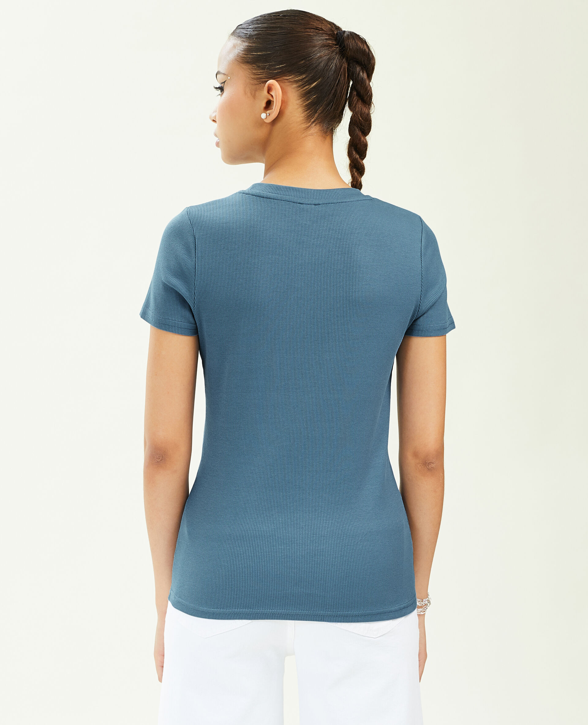Top maille côtelée - Bleu