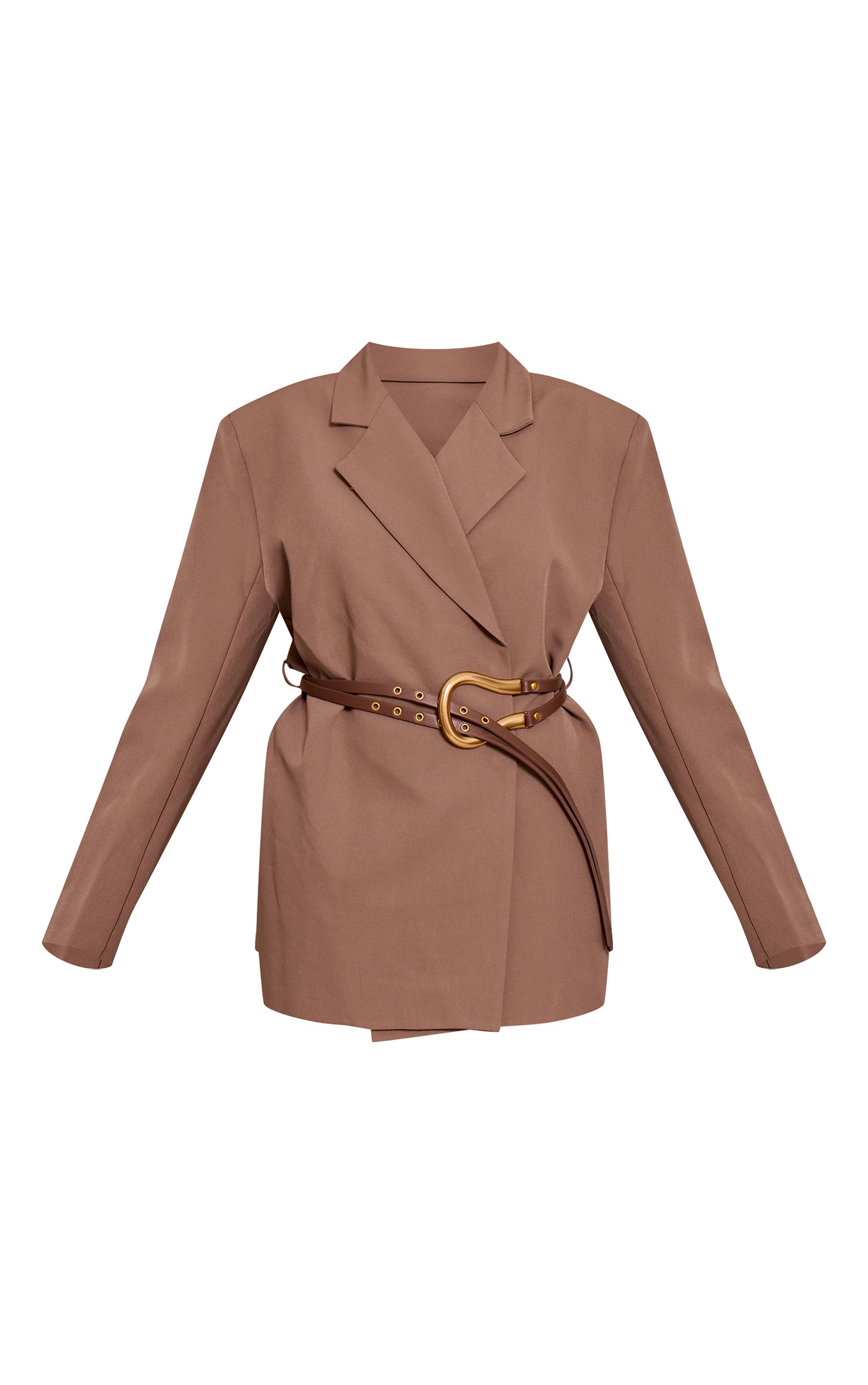 Chocolat Robe Blazer Ceinturée En Tissu Tissé