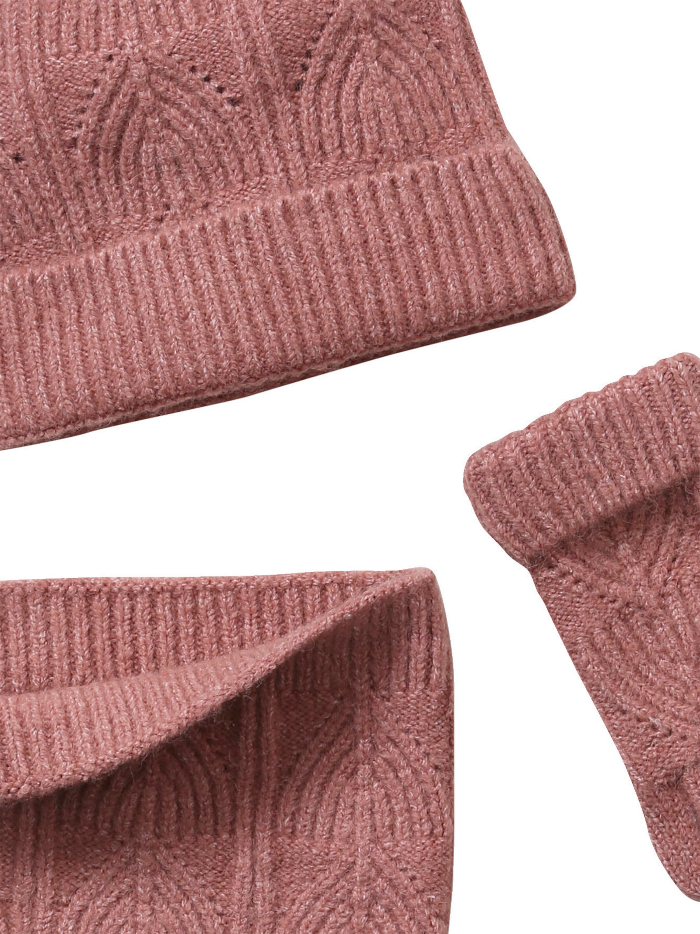 Vertbaudet Mädchen Strick-Set: Mütze, Rundschal & Handschuhe, Zopfmuster rosa